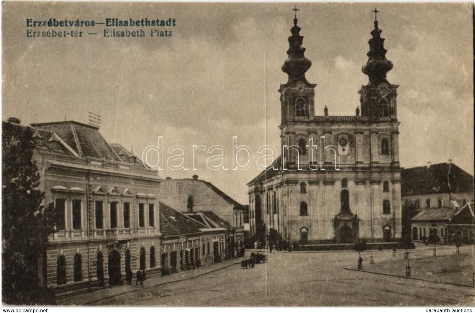 * T2/T3 1918 Erzsébetváros, Dumbraveni; Erzsébet Tér, Templom, üzletek / Elisabeth Platz / Square, Church, Shops (EK) - Zonder Classificatie