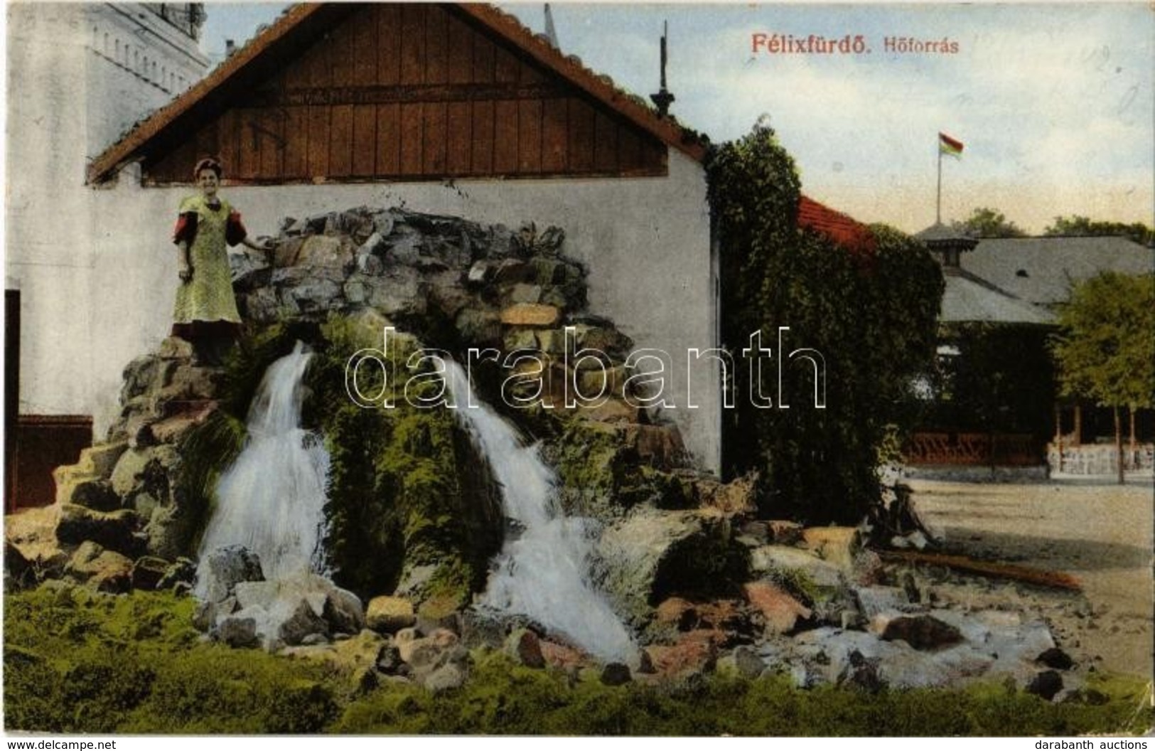 T2/T3 1916 Félixfürdő, Felixbad, Baile Felix; Hőforrás, Magyar Zászló. Kiadja Engel József 1. Sz. / Thermal Spring, Hung - Ohne Zuordnung