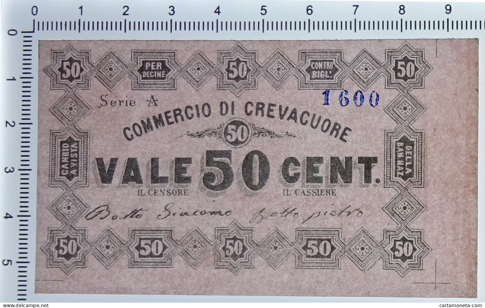 50 CENTESIMI BIGLIETTO FIDUCIARIO COMMERCIO DI CREVACUORE 1868 72 SUP+ - Altri & Non Classificati