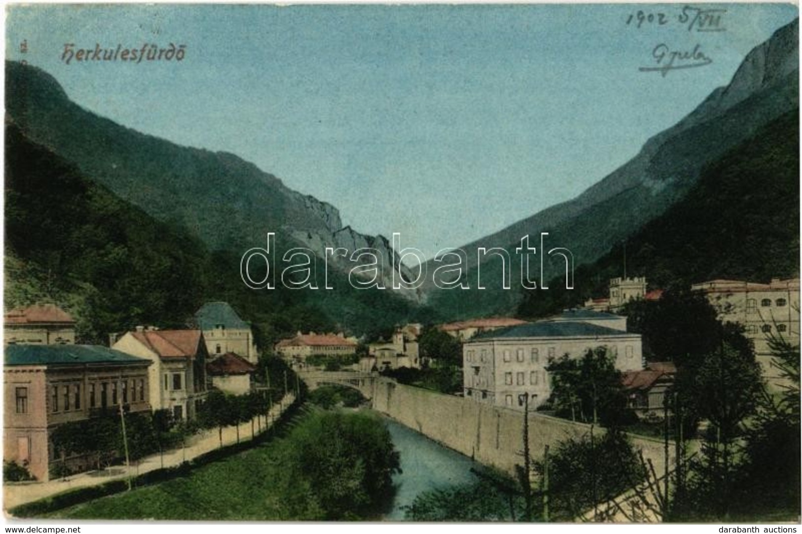 T2/T3 1902 Herkulesfürdő, Herkulesbad, Baile Herculane; Látkép, Híd, Fürdő / General View, Bridge, Bathing House, Spa Ho - Ohne Zuordnung