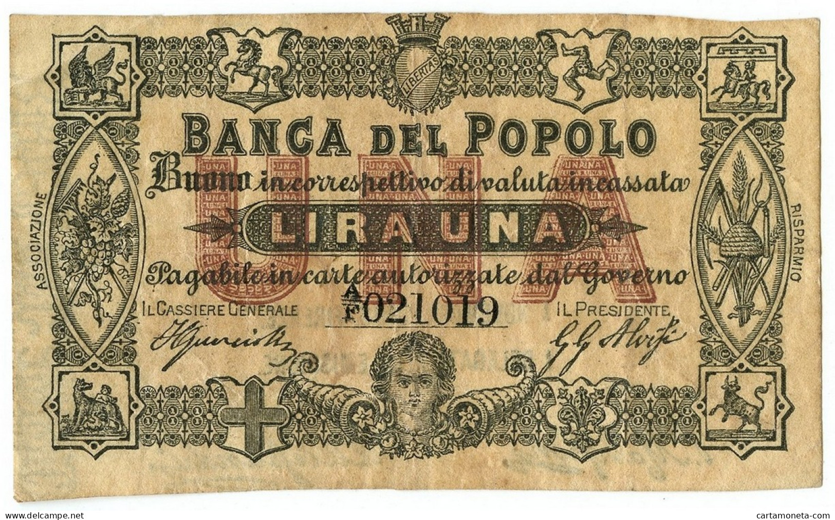 1 LIRA BIGLIETTO FIDUCIARIO BANCA DEL POPOLO IN FIRENZE 01/11/1868 BB+ - Altri & Non Classificati