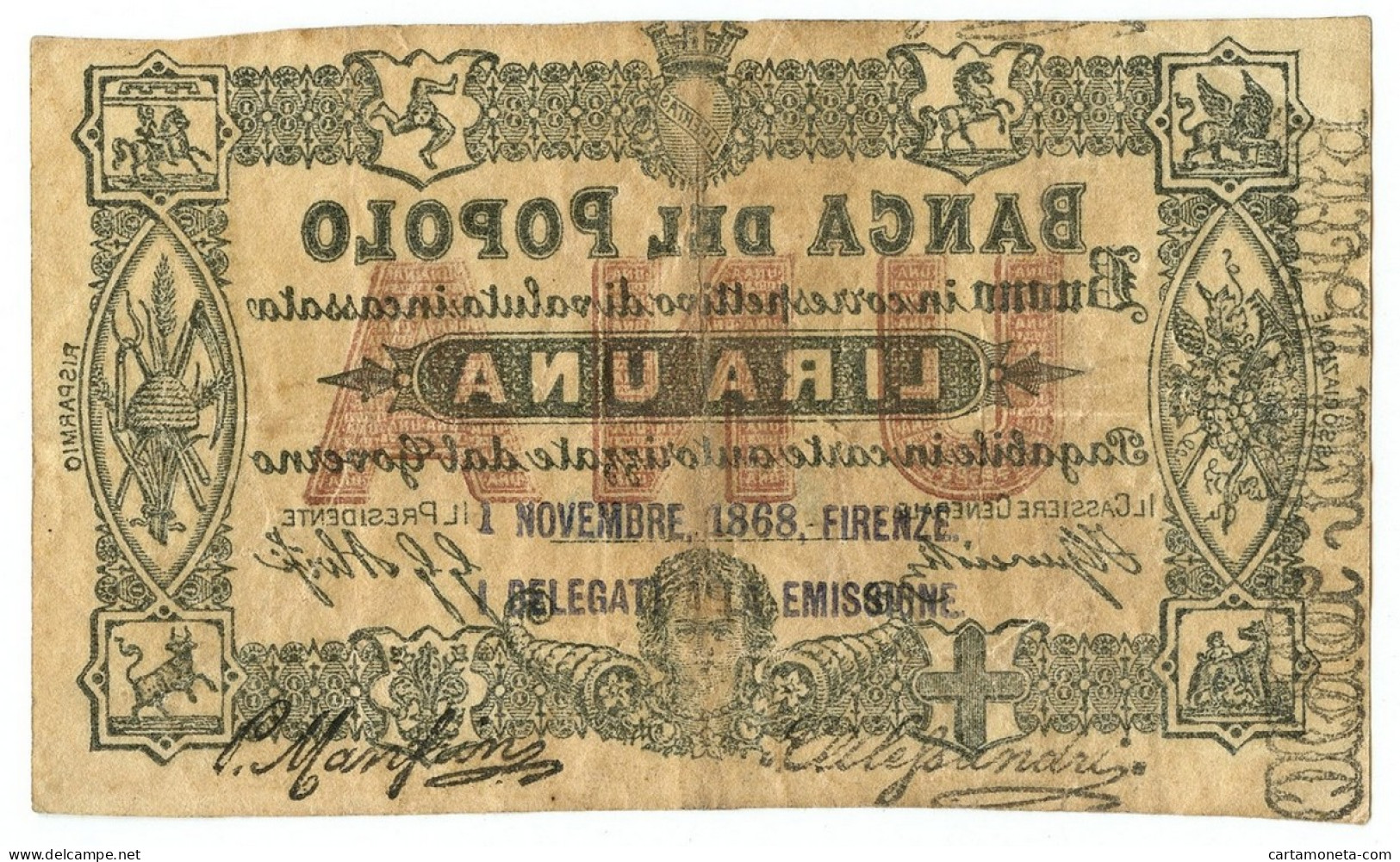 1 LIRA BIGLIETTO FIDUCIARIO BANCA DEL POPOLO IN FIRENZE 01/11/1868 BB+ - Altri & Non Classificati