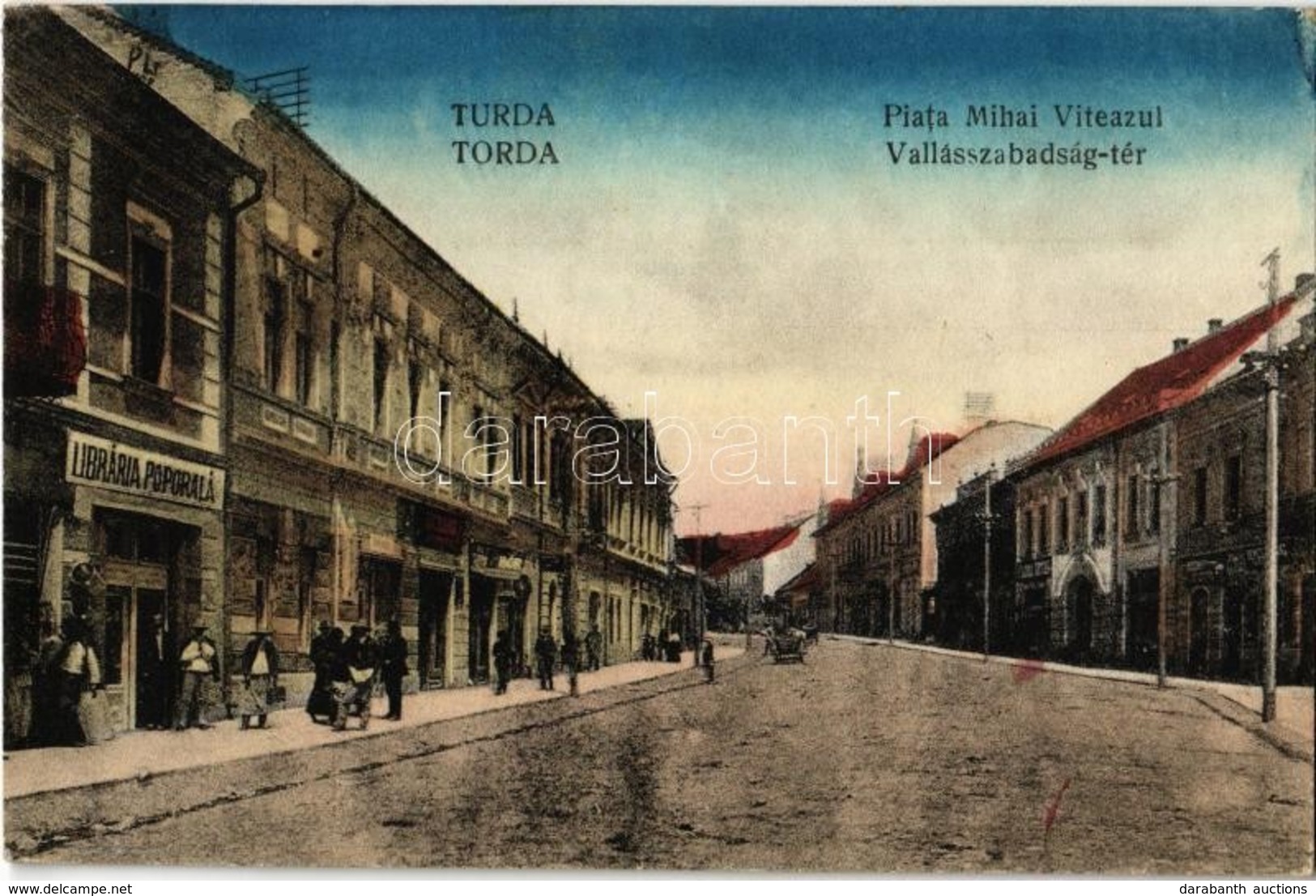 T2 1926 Torda, Turda; Piata Mihai Viteazul / Vallásszabadság Tér, Libraria Poporala Nyomda, üzletek. Libraria Poporala S - Ohne Zuordnung