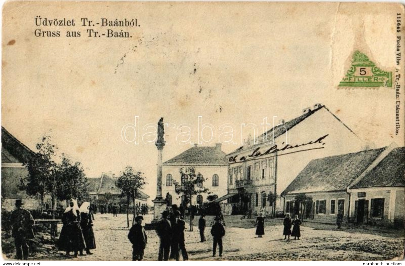 * T2/T3 1908 Bán, Trencsénbán, Bánovce Nad Bebravou; Fő Tér, üzletek. Kiadja Fuchs Vilmos / Main Square, Shops (felületi - Ohne Zuordnung