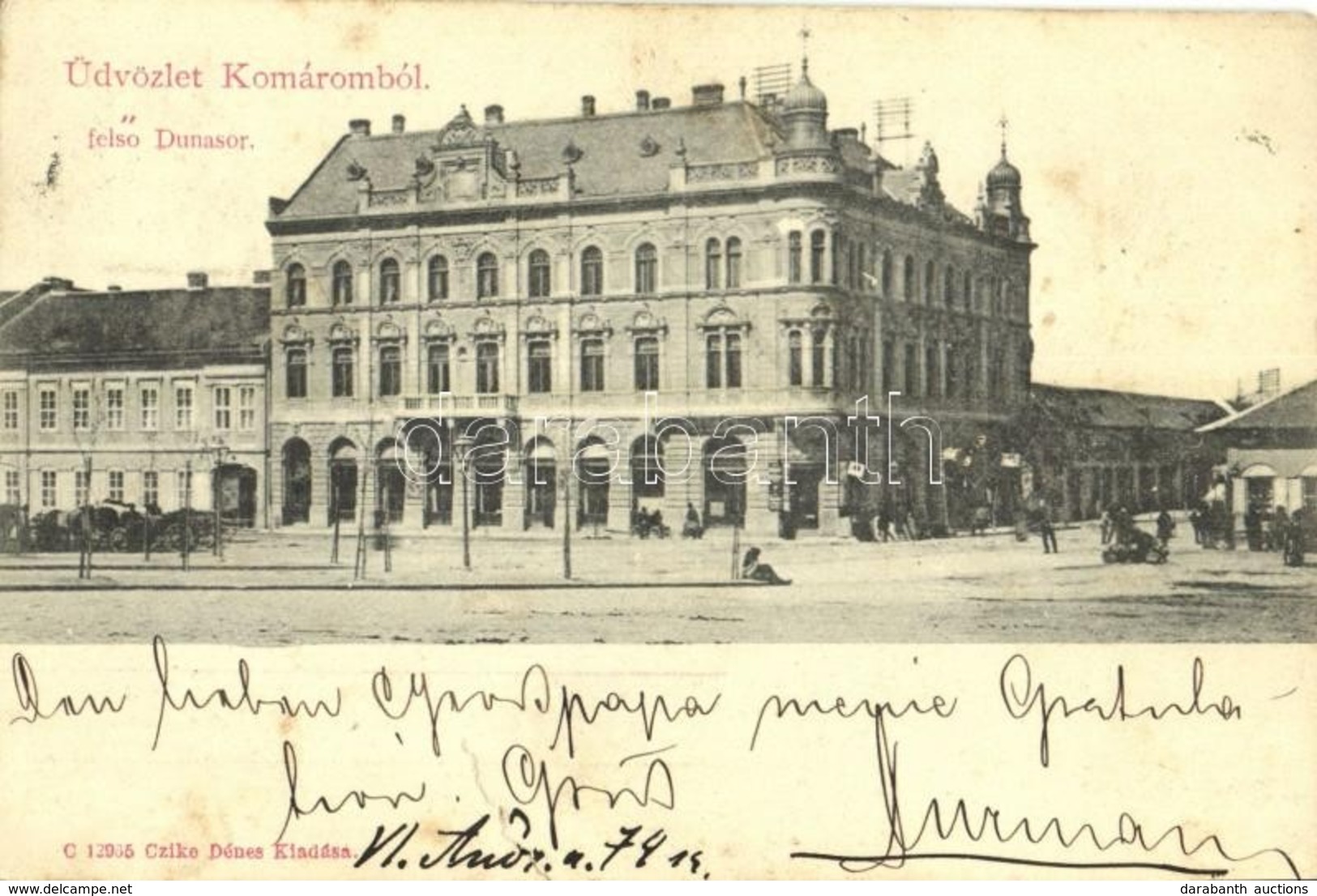T3/T4 1902 Komárom, Komárno; Felső Dunasor, üzletek. Kiadja Czike Dénes / Street View, Shops (szakadás / Tear) - Ohne Zuordnung