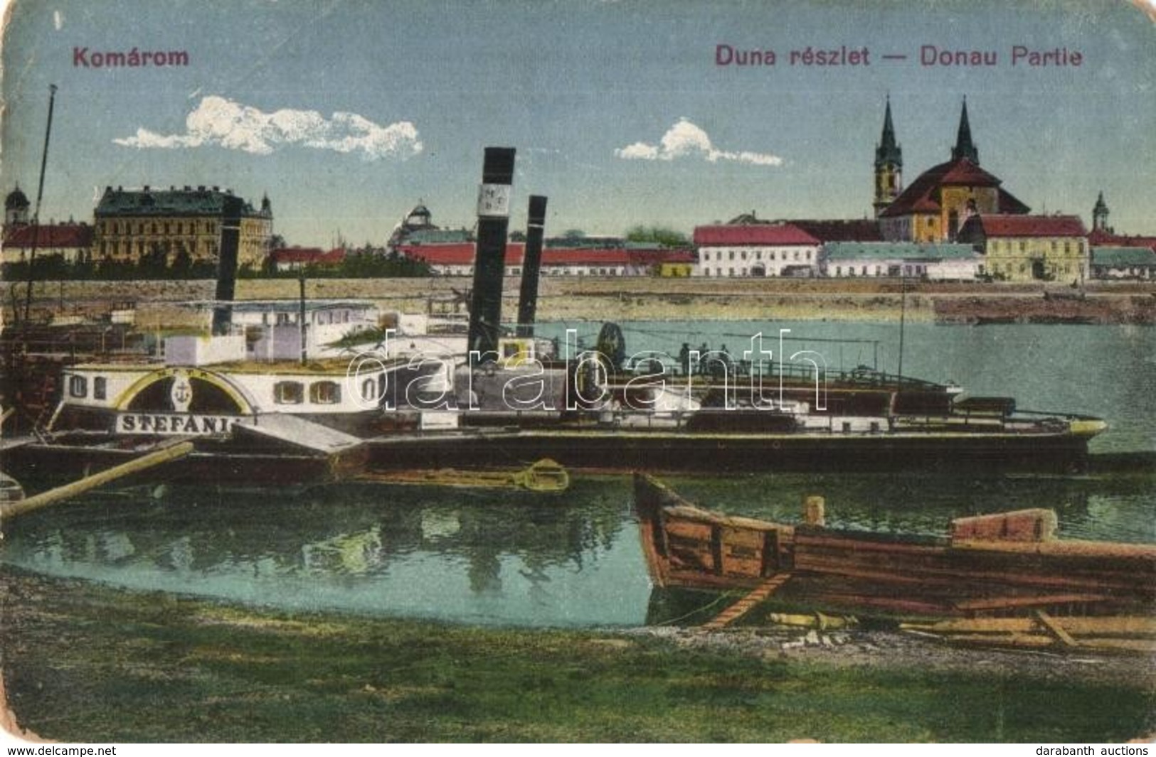 ** T3 Komárom, Komárnó; Duna, Kikötő, Stefánia Oldalkerekes Vontató Gőzhajó / Port With Hungarian Towing Steamship (EB) - Ohne Zuordnung