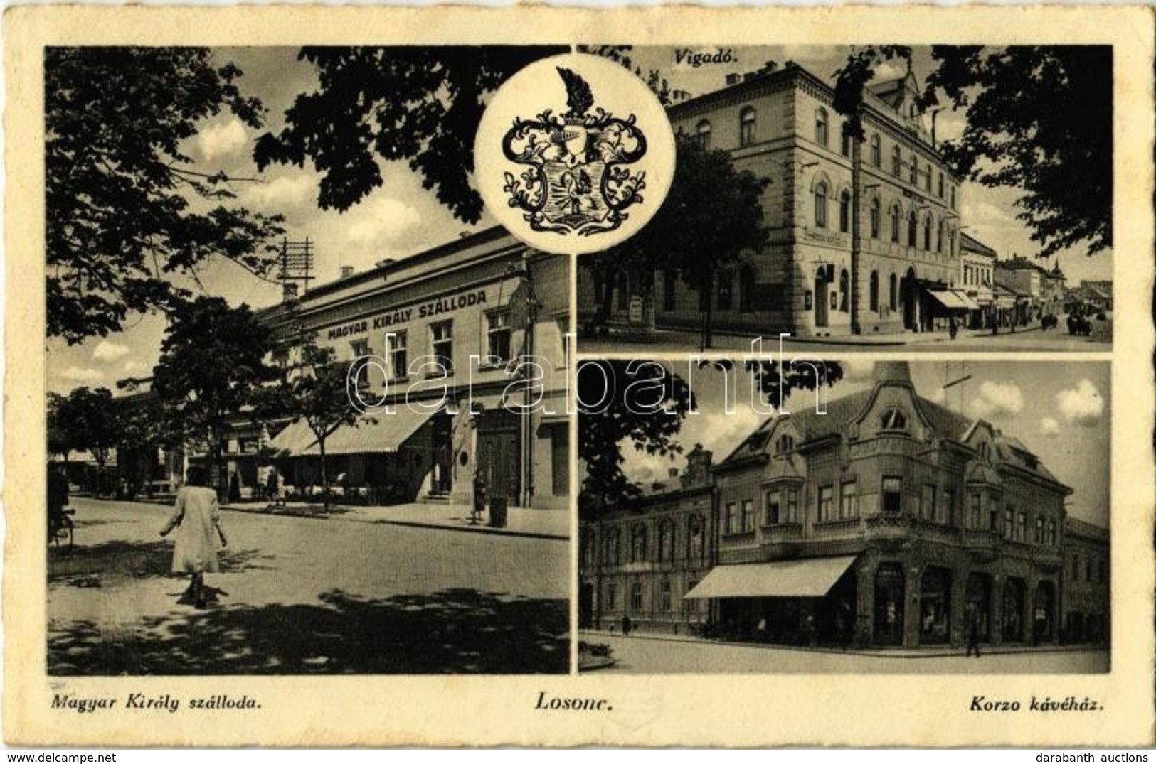 * T2/T3 1943 Losonc, Lucenec; Magyar Király Szálloda, Vigadó, Korzó Kávéház, Címer. Kiadja Salamon Károly / Hotel, Café, - Unclassified