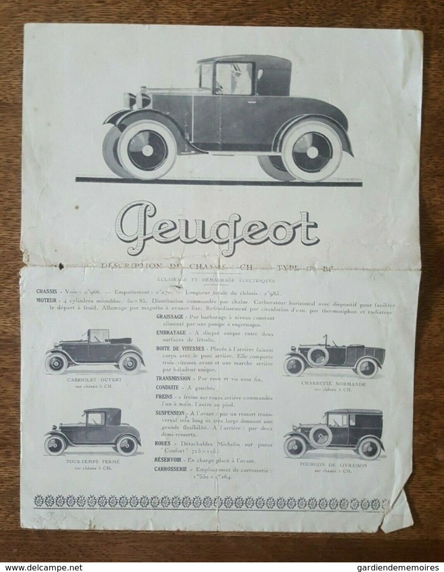 Pub - Automobile Peugeot Chassis CH. Type 172 BC, Cabriolet, Fourgon, Usine De Sochaux - Cars