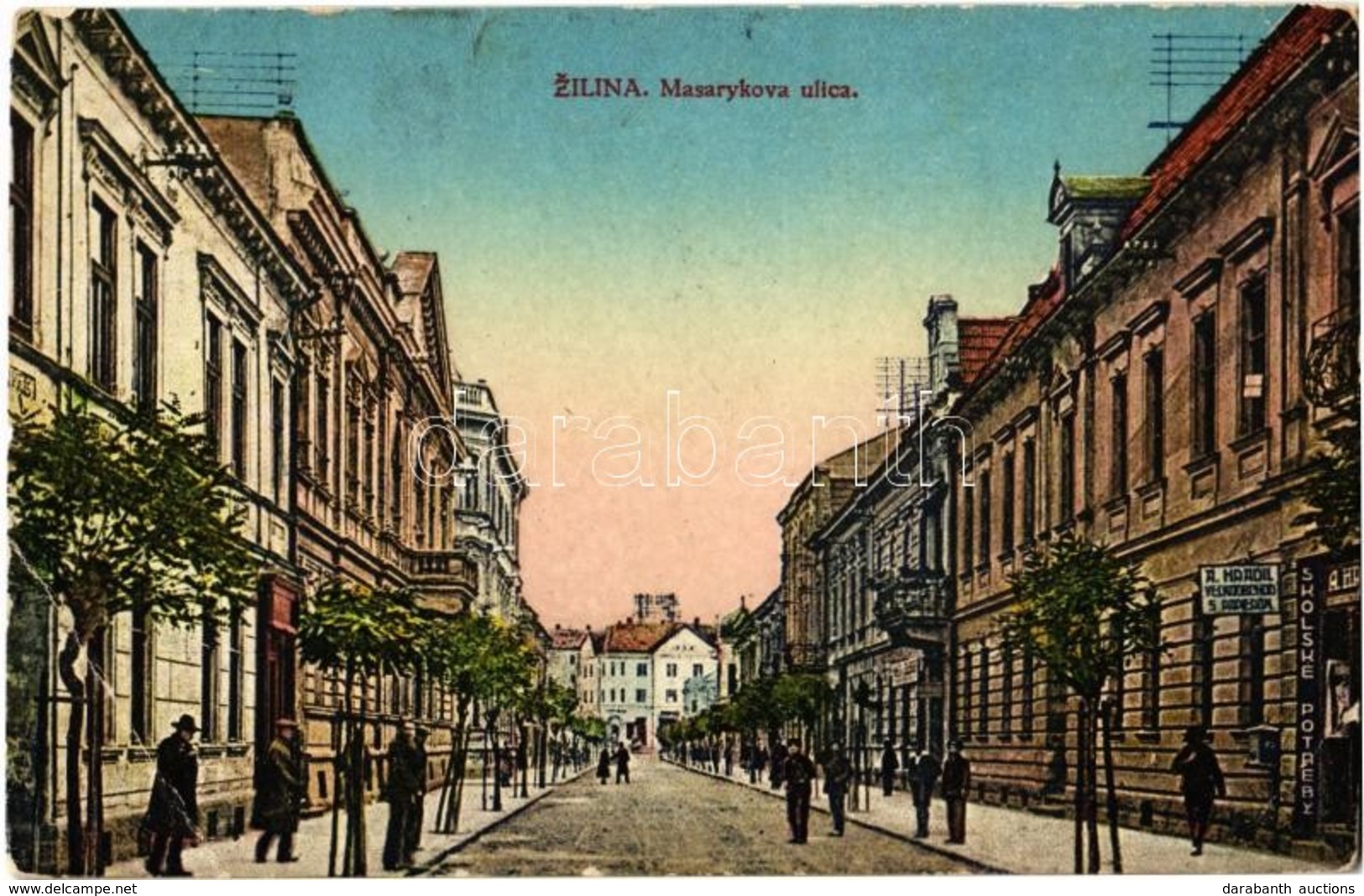 * T3/T4 Zsolna, Zilina; Masarykova Ulica / Masaryk Utca, A. Hradil üzlete / Street, Shops (EB) - Unclassified