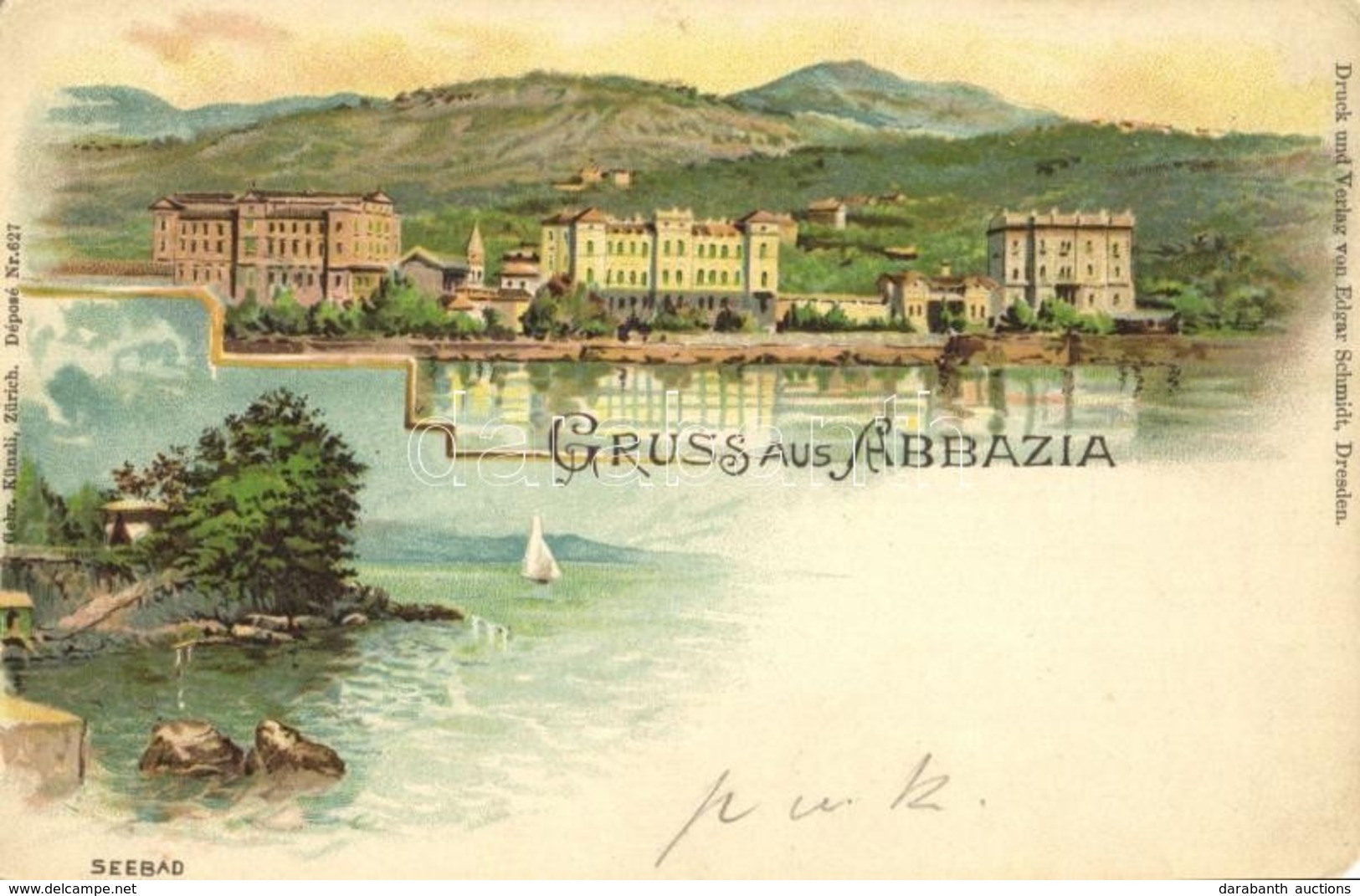 T4 1900 Abbazia, Opatija; Seebad / Fürdő / Spa, Baths. Gebr. Künzli Nr. 627. Art Nouveau, Litho (EM) - Unclassified
