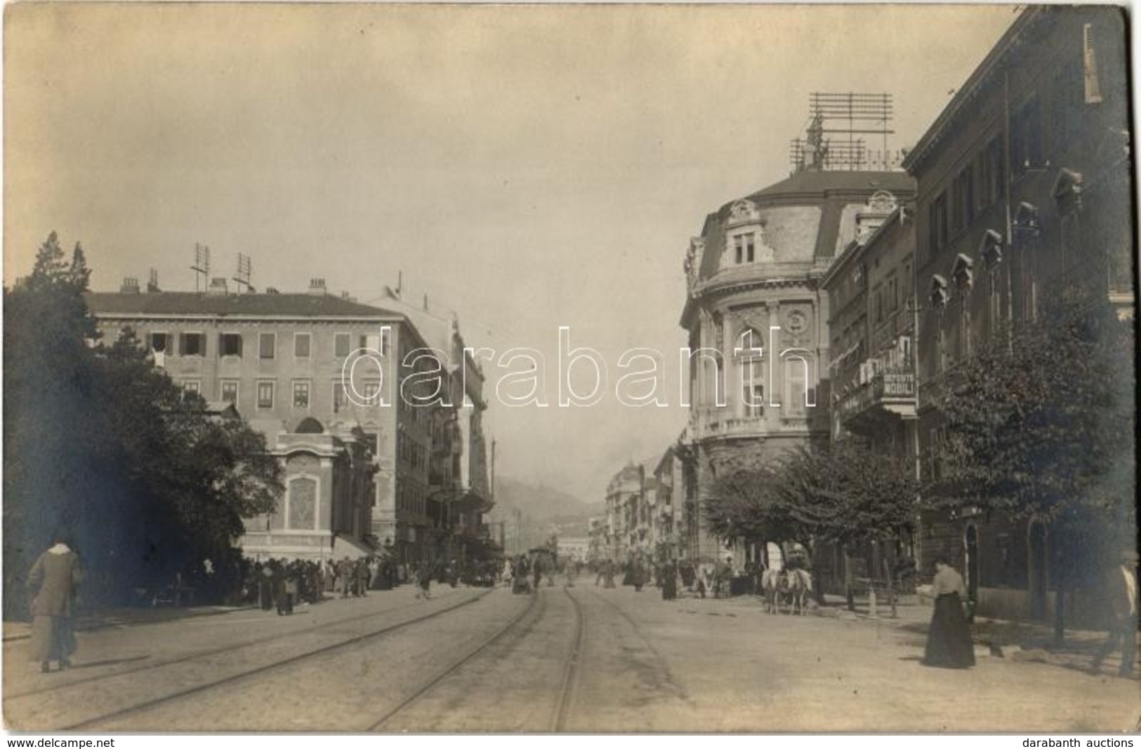 * T2 1916 Fiume, Rijeka; Utcakép, Villamossínek, üzletek / Street View, Tramway, Shops. Photo - Unclassified