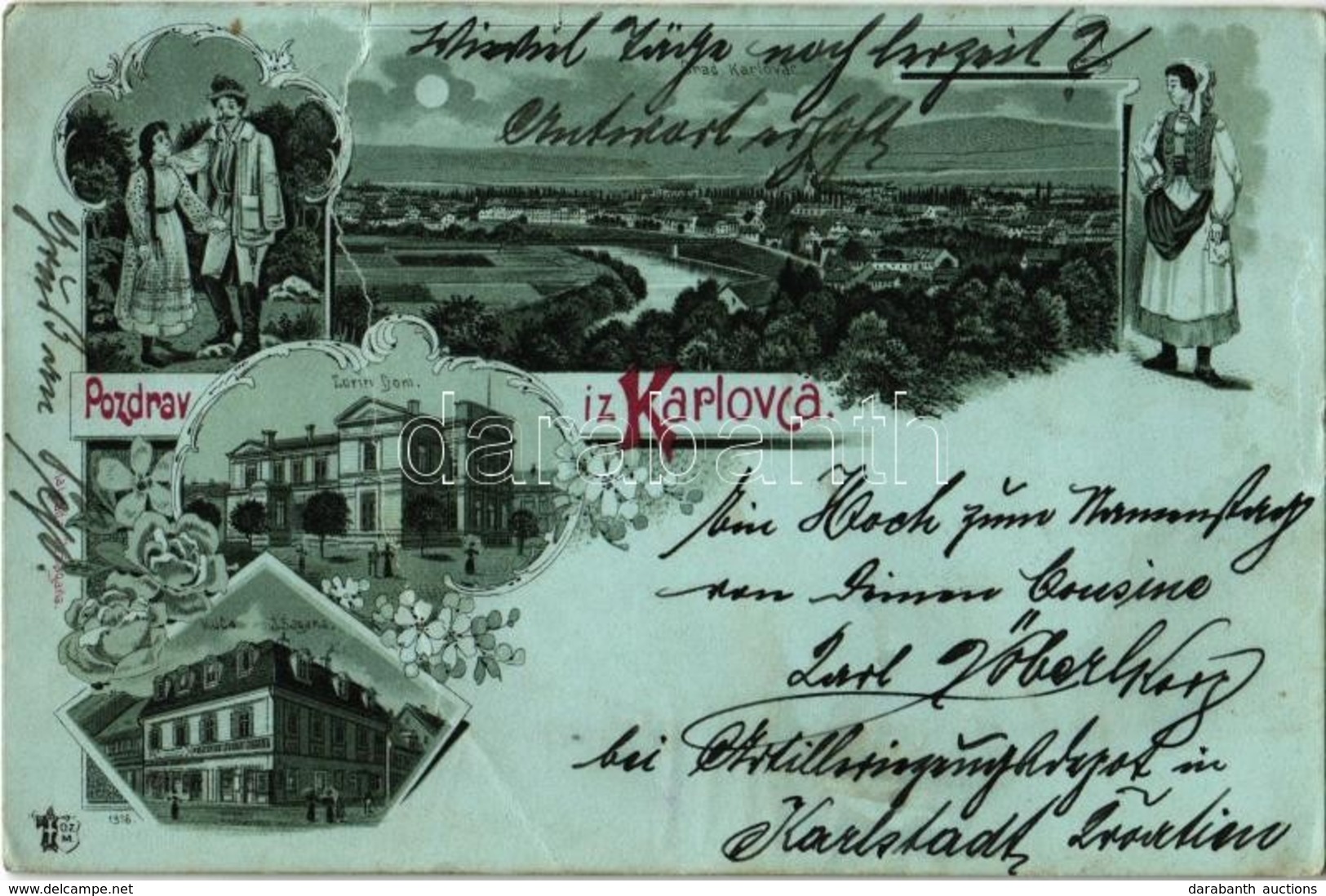 T4 1898 Károlyváros, Karlovca, Karlovac; Zorin Dom, Kuca I. Sagana, Grad Karlovac / Színház, Népviselet, Folklór, I. Sag - Unclassified