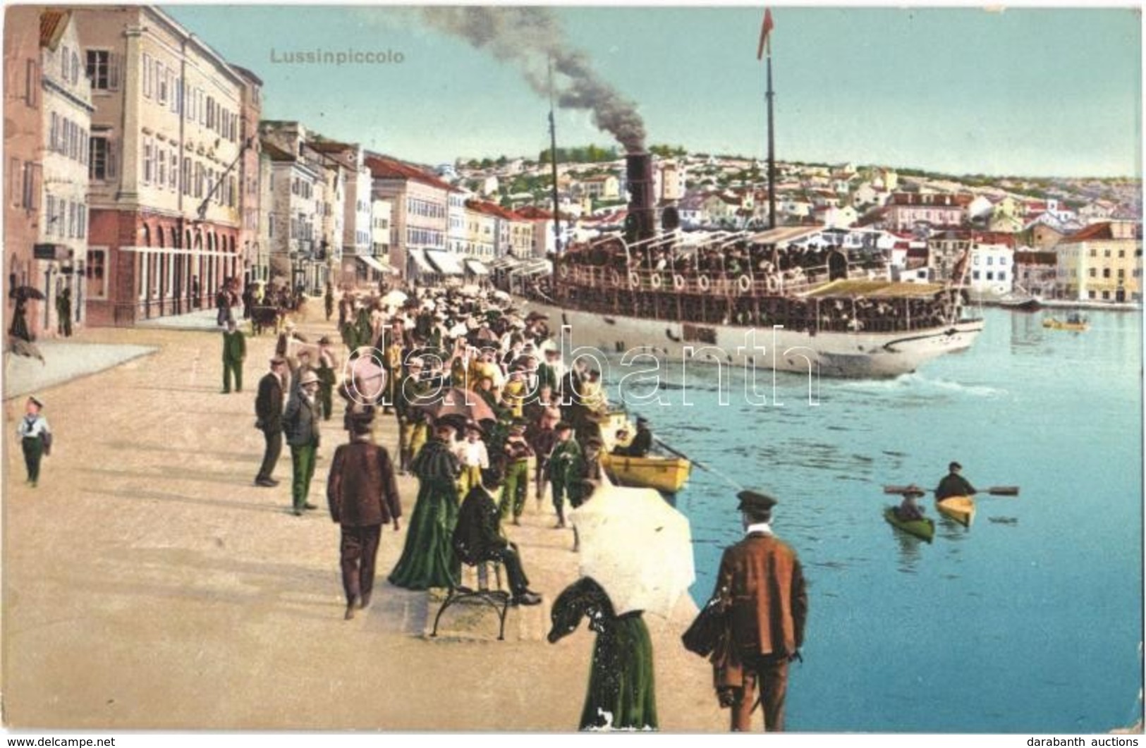 T2 1912 Mali Losinj, Lussinpiccolo; Kikötő, Gőzhajó / Port, Steamship, Crowd - Unclassified