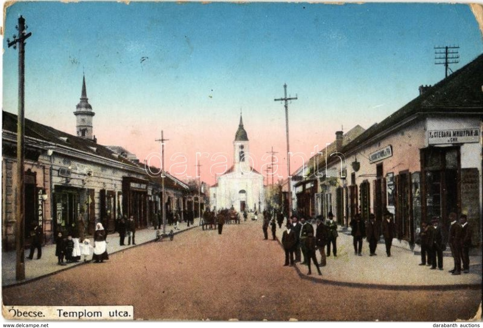 T2/T3 1915 Óbecse, Stari Becej; Templom Utca, Római Katolikus Templom, üzletek. Kiadja Lévai Lajos / Street View, Church - Unclassified