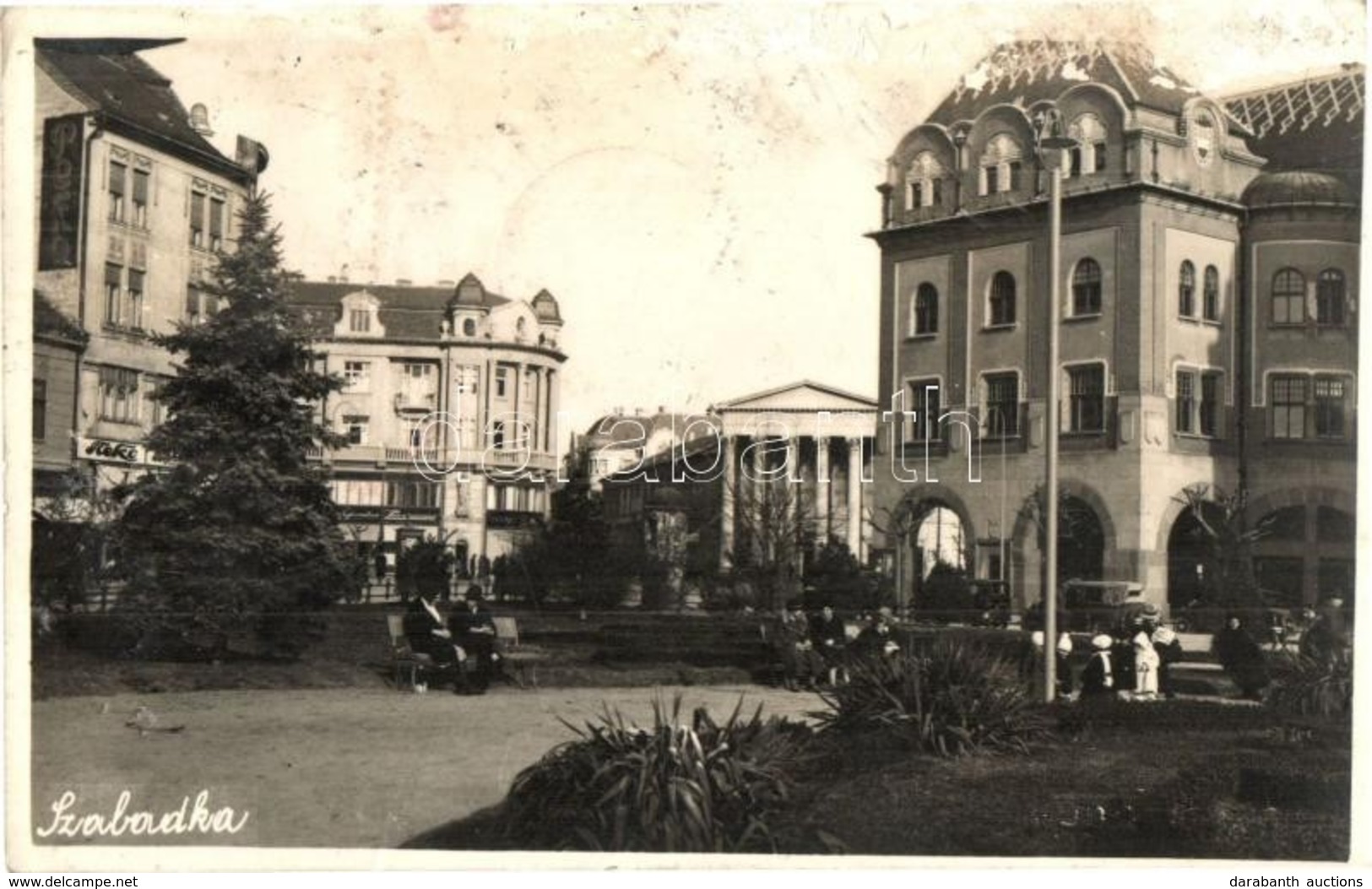 T3 Szabadka, Subotica; Városháza, Pressburger, Gombos, Farkas üzlete, Automobil, Park / Town Hall, Shops, Automobiles, P - Ohne Zuordnung