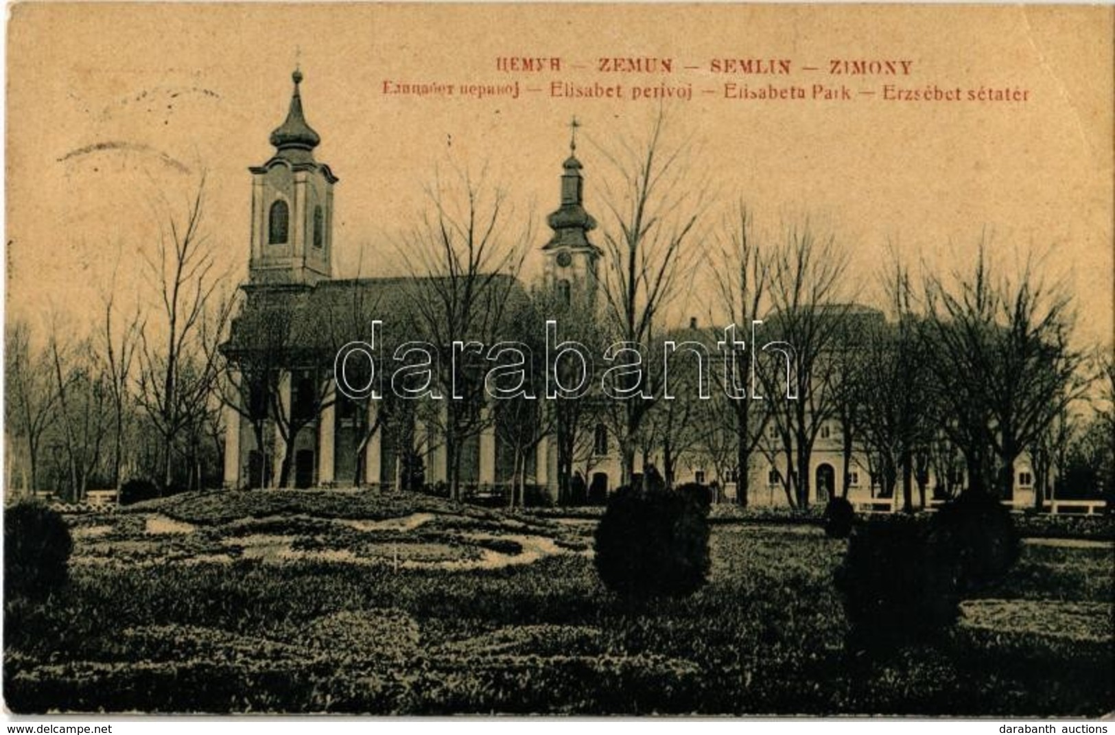 T2/T3 1910 Zimony, Semlin, Zemun; Elisabet Perivoj / Erzsébet Sétatér, Ortodox Templom. W. L. 906. / Park, Serbian Ortho - Unclassified