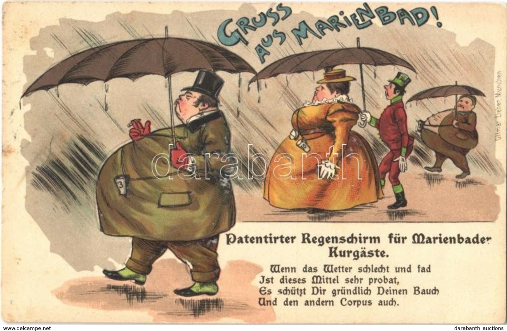 T2/T3 1907 Mariánské Lázne, Marienbad; Gruss Aus Marienbad! Patentierter Regenschirm Für Marienbader Kurgäste / Umbrella - Non Classés