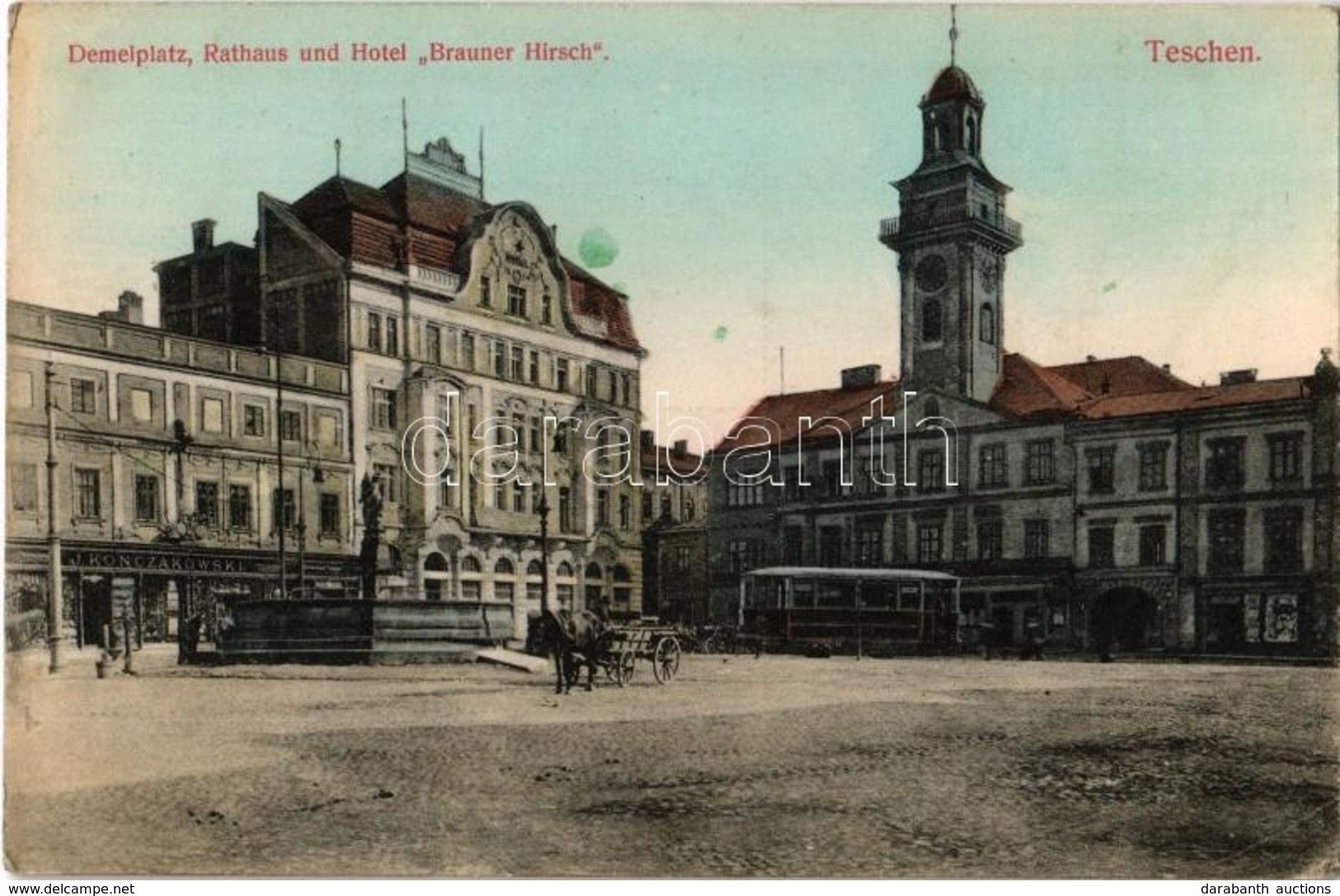 ** T2/T3 Cieszyn, Teschen; Demelplatz, Rathaus Und Hotel 'Brauner Hirsch' / Square, Town Hall, Hotel, J. Konczakowski's  - Unclassified