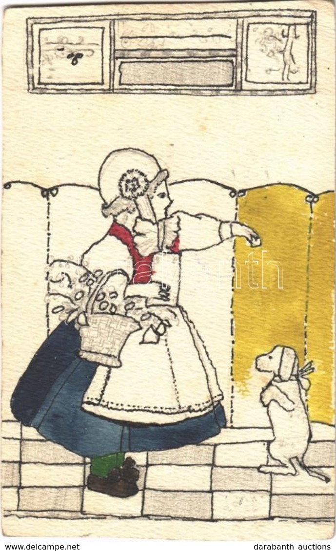 T2/T3 1917 Kislány Kutyával. Kézzel Festett Művészlap / Girl With Dog. Hand-painted Art Postcard (EK) - Unclassified