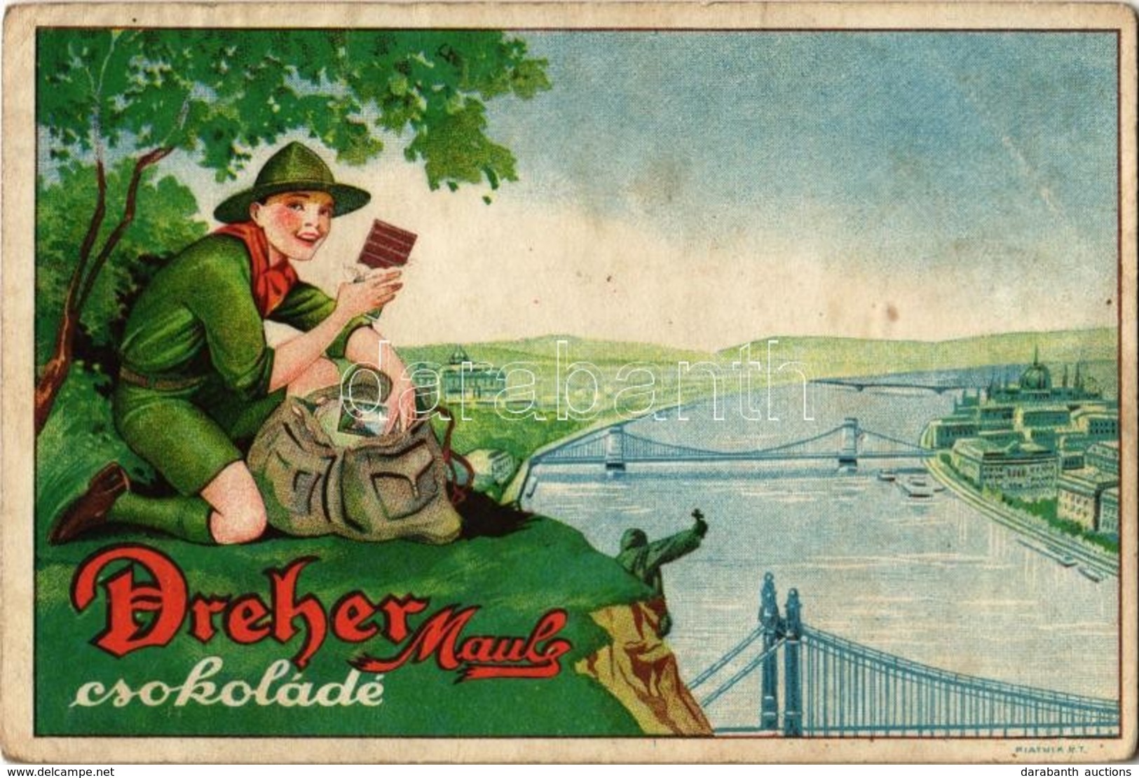 ** T3 Dreher Maul Csokoládé Reklámlapja, Cserkész A Gellért-hegyen / Hungarian Chocolate Advertisement Card With Boy Sco - Zonder Classificatie