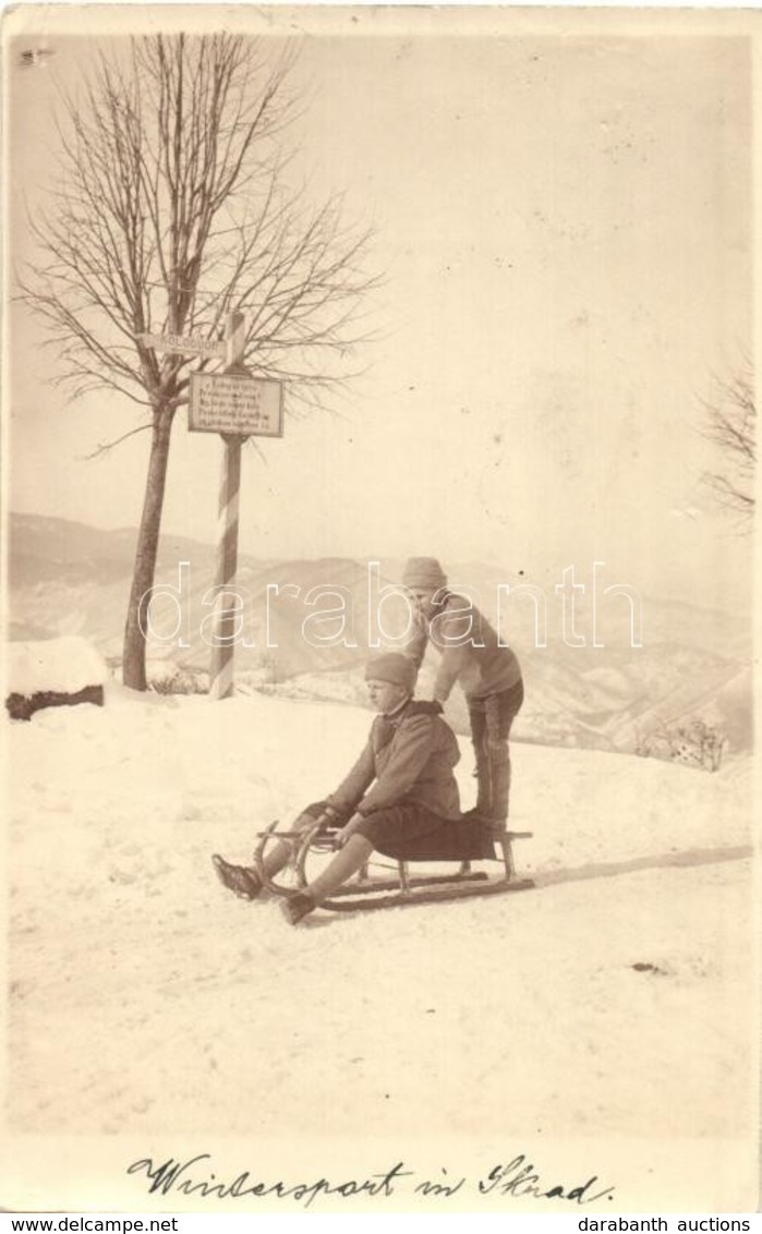 T2/T3 1916 Wintersport In Skrad / Téli Sport Skradban (Horvátország), Szánkózó Fiúk Télen, Vasútállomás Irányába Mutató  - Ohne Zuordnung
