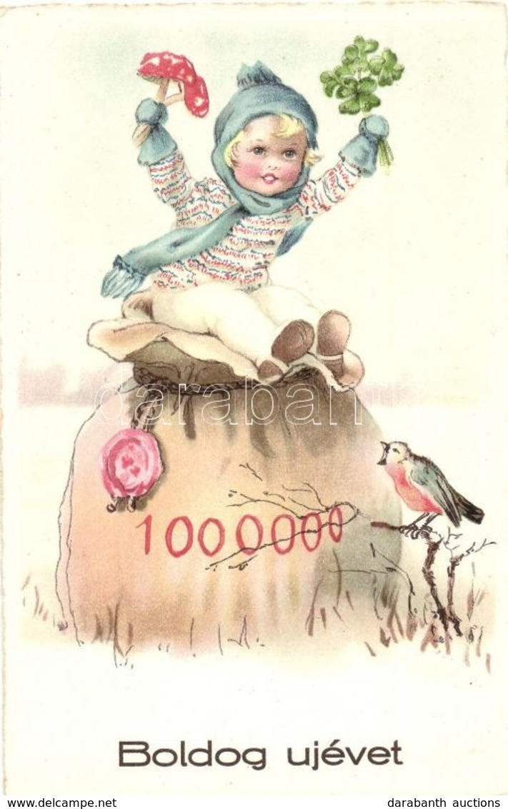 ** T2/T3 Boldog Újévet! / New Year Greeting Card With Child, Clovers, Mushrooms, Money Bag (EK) - Ohne Zuordnung