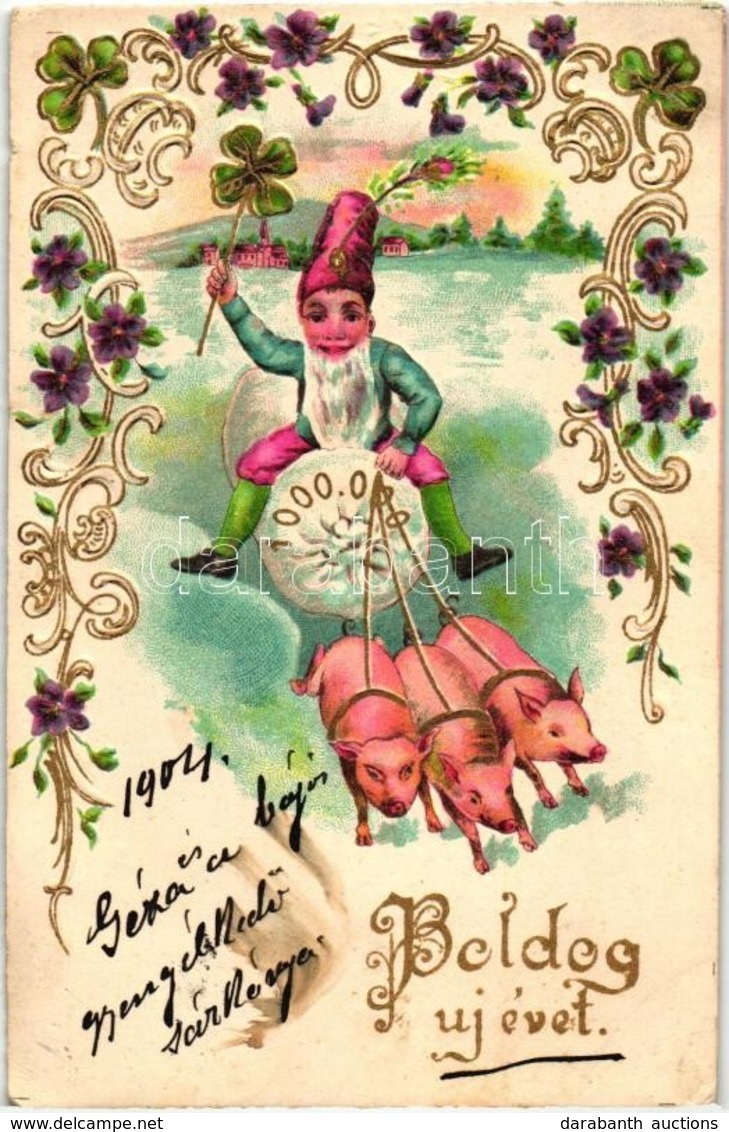 T3 'Boldog Újévet' / New Year Greeting, Dwarf, Pigs, Clover, Golden Decorated, Floral, Art Nouveau, Emb. Litho (EB) - Unclassified