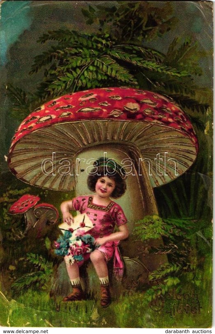 T3 'Boldog Újévet' / New Year Greeting, Girl, Mushrooms, Golden Decorated, Litho (fa) - Ohne Zuordnung