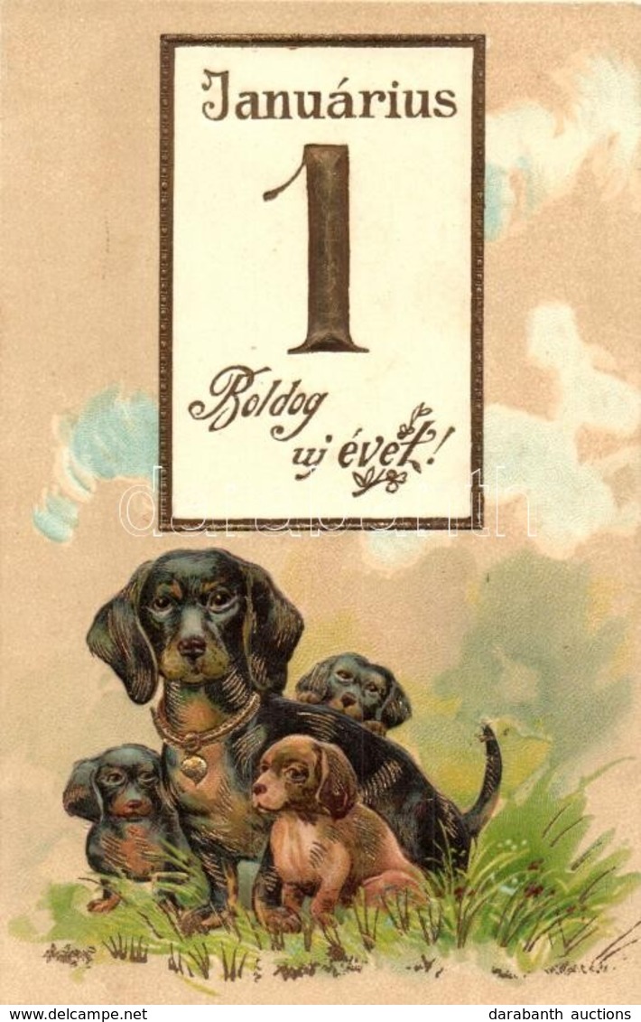 ** T2 Boldog Újévet / New Year Greeting, January 1st, Dogs, Emb. Litho - Sin Clasificación