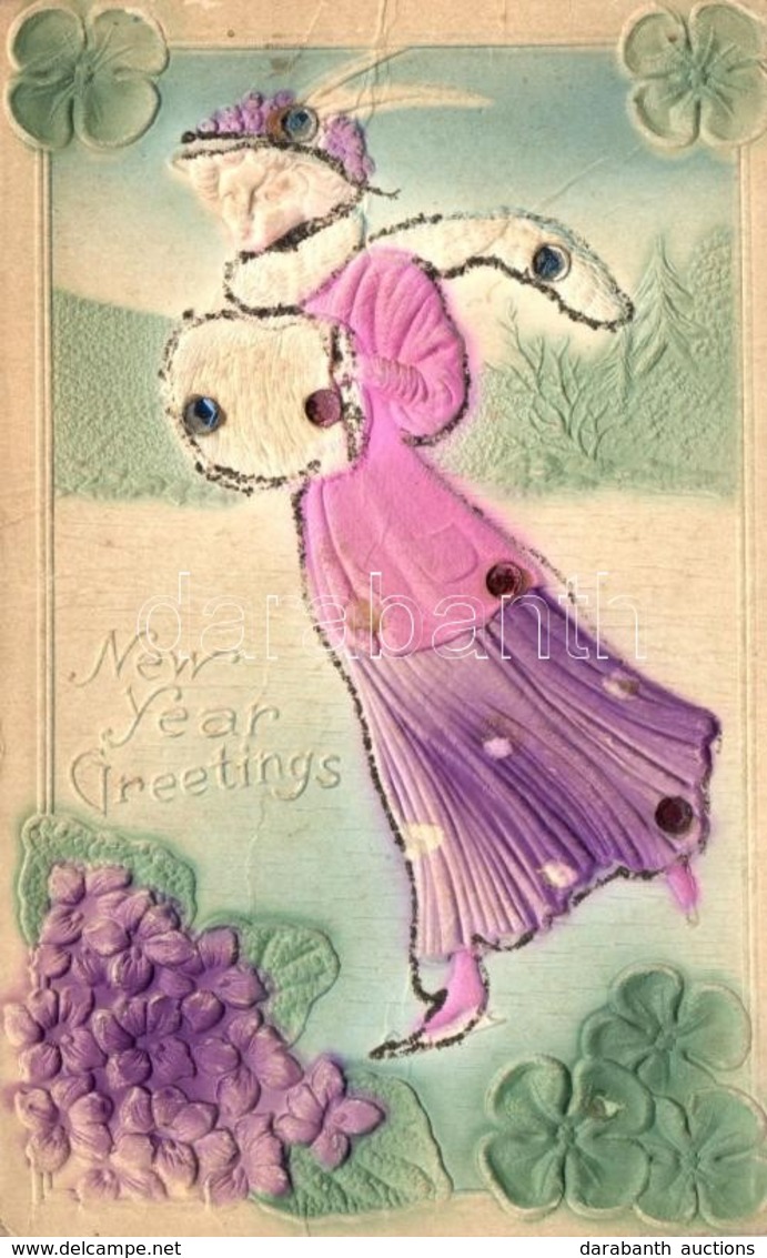 * T4 New Year Greeting Card, Ice Skating Lady, Clover, Emb. (r) - Unclassified