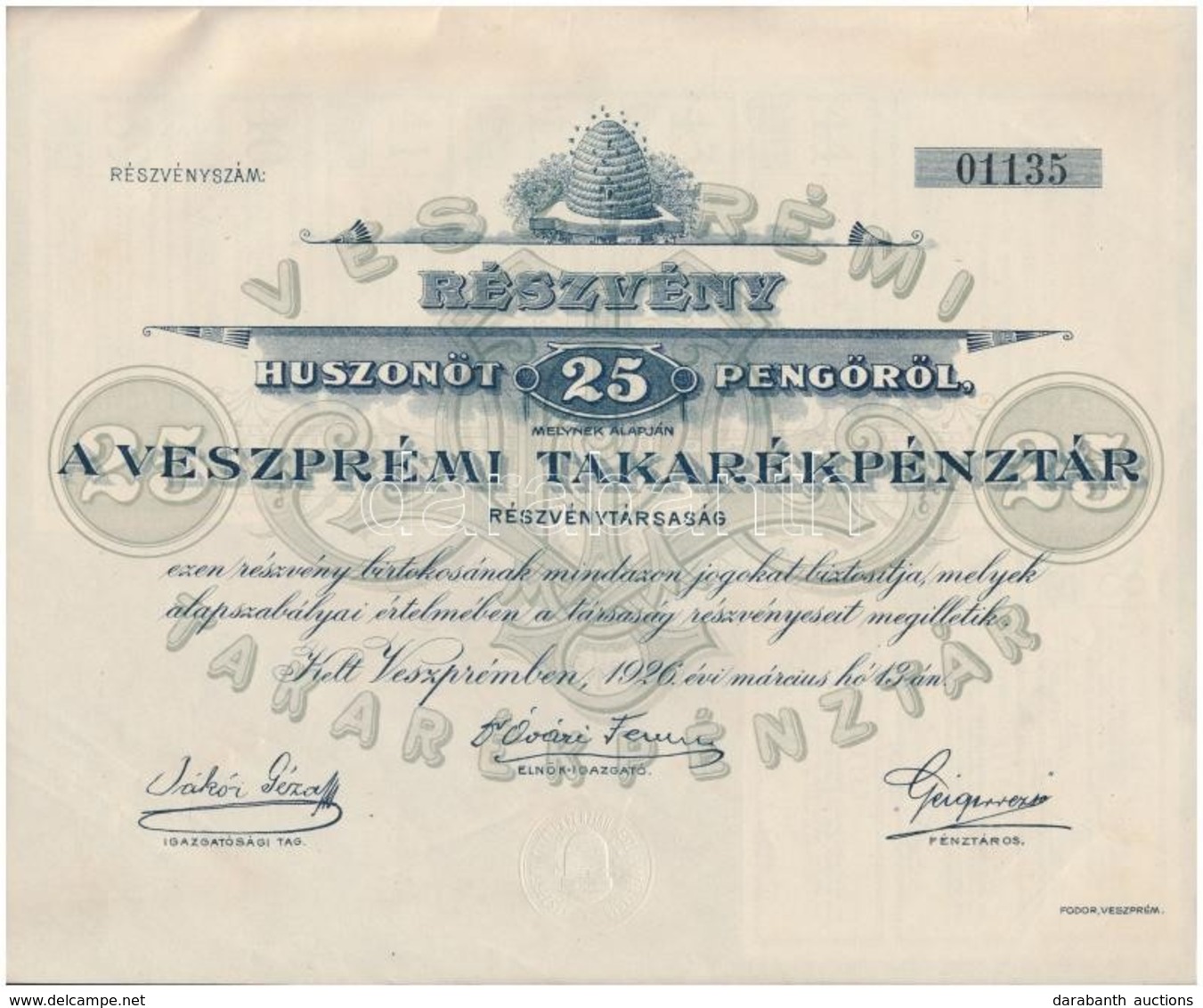 Veszprém 1926. 'Veszprémi Takarékpénztár' Részvénye 25P-ről, Szelvényekkel és Szárazpecséttel T:I-,II - Unclassified