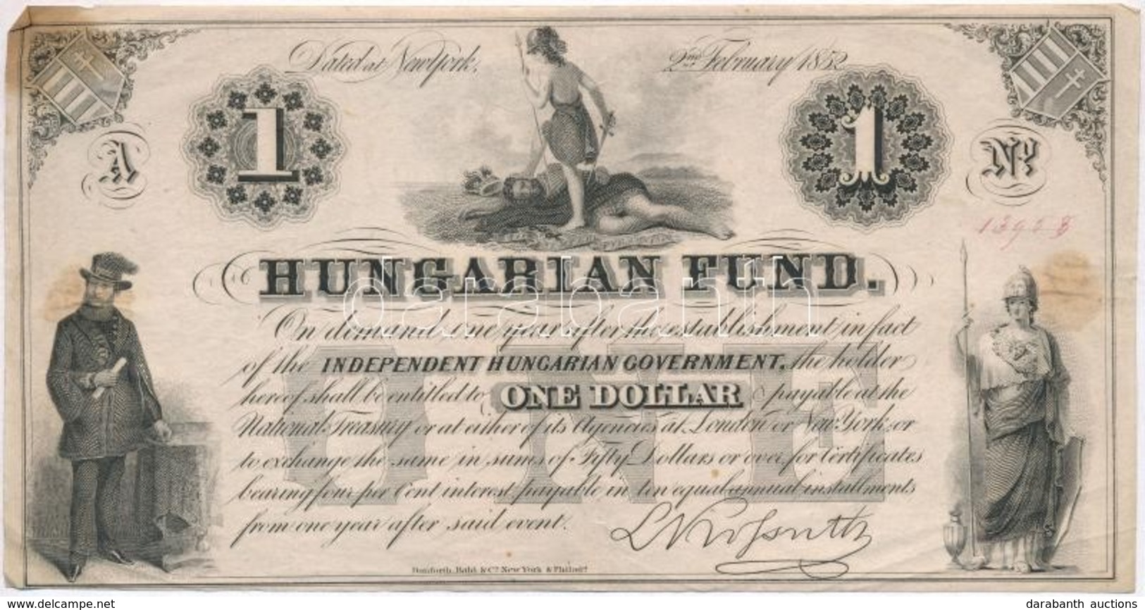 1852. 1$ 'A' 'Kossuth Bankó' Sorszámozott T:III Ragasztott, Foltos Hungary 1852. 1 Dollar 'A' 'Hungarian Fund' With Seri - Non Classés
