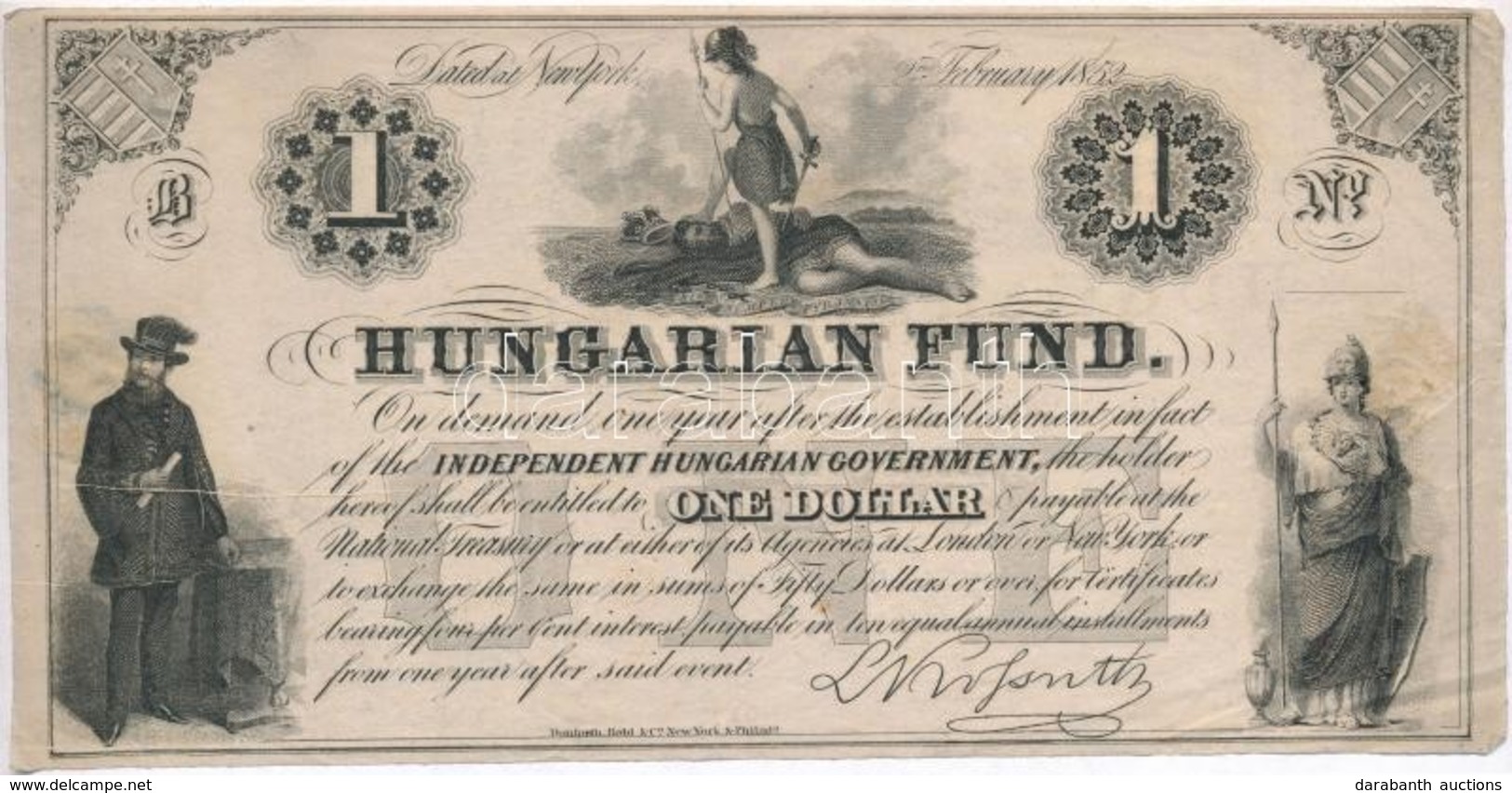 1852. 1$ 'B' 'Kossuth Bankó' Sorszám Nélkül T:III Ragasztott Hungary 1852. 1 Dollar 'B' 'Hungarian Fund' Without Serial  - Ohne Zuordnung