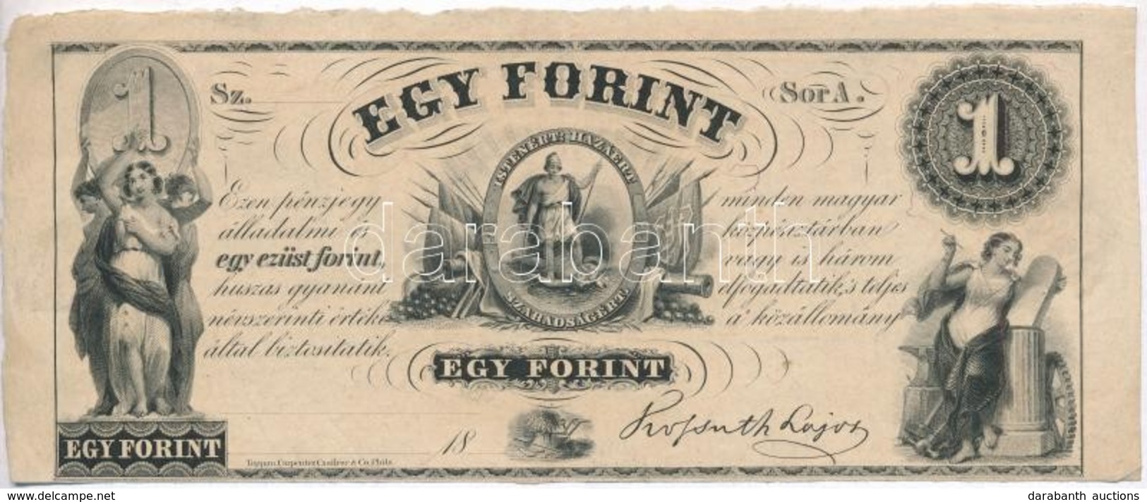 1852. 1Ft 'Kossuth Bankó' Kitöltetlen 'A' T:III
Hungary 1852. 1 Forint 'A', Without Date And Serial Number C:F Adamo G12 - Sin Clasificación