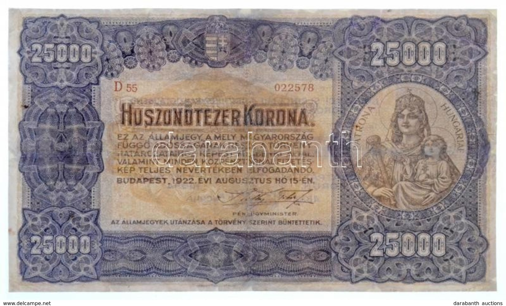 1922. 25.000K 'Orell Füssli Zürich' T:III- Restaurált  
Hungary 1922. 25.000 Korona 'Orell Füssli Zürich' C:VG Restored  - Sin Clasificación