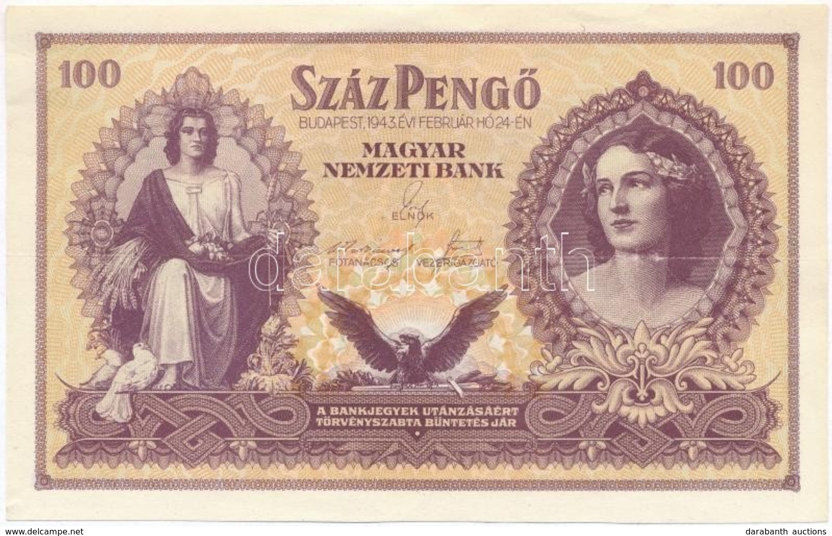 1943. 100P 'Szálasi-kiadás' Kiadatlan, Sor- és Sorozatszám Nélkül, ívből Kivágva T:III
Hungary 1943. 100 Pengő 'Szálasi  - Ohne Zuordnung