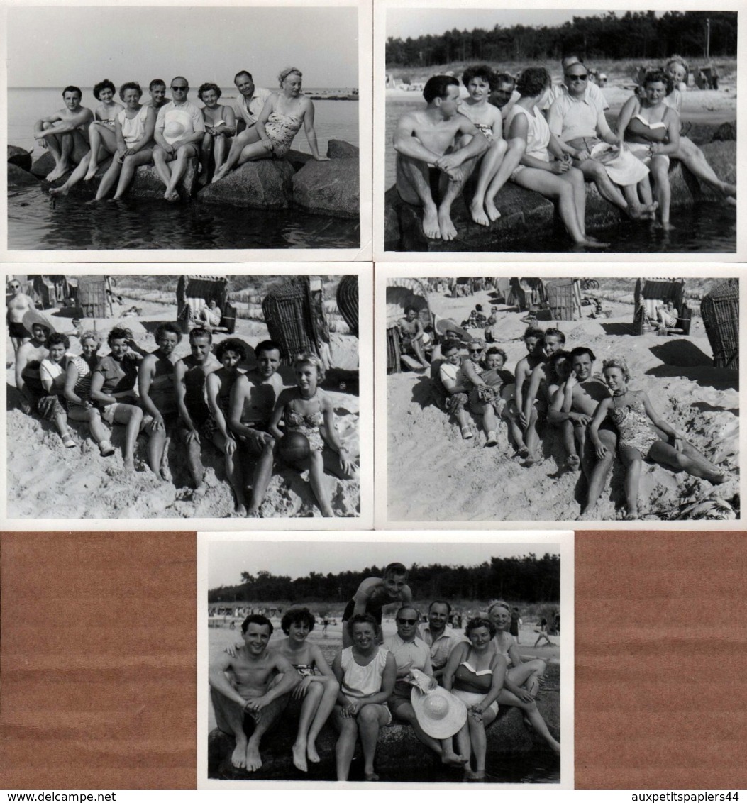 5 Photos Originales D'un Groupe De Couple à La Plage Vers 1950 - Slips & Maillots De Bains Pour Playboys & Pin-Up Sexy - Pin-Ups
