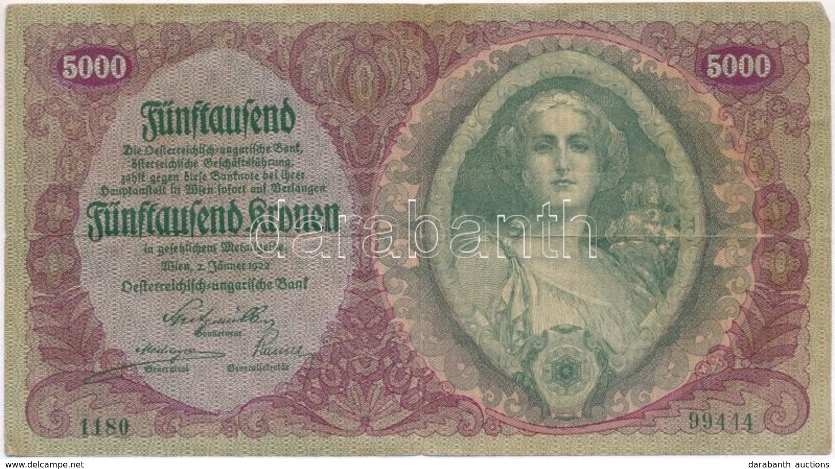 Ausztria / Osztrák-Magyar Bank 1922. 5000K T:III
Austria / Österreichisch-Ungarische Bank 1922. 5000 Kronen C:F
Krause 7 - Non Classés