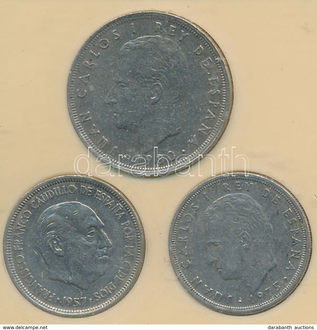 Spanyolország 1957. 5P + 1975. 5P + 1980. 25P Plasztiktokban T:2,2-
Spain 1957. 5 Pesetas + 1975. 5 Pesetas + 1980. 25 P - Unclassified