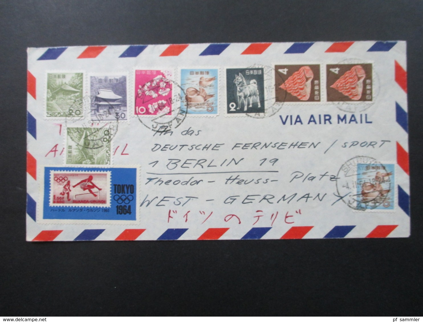 Japan 1964 Luftpostbrief / Via Air Mail Mit 11 Marken Auch Tokyo 1964 An Das Deutsche Fernsehen / Sport In Berlin - Storia Postale