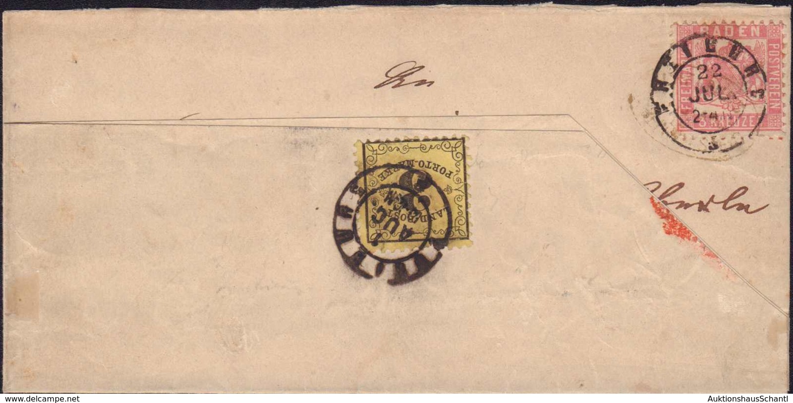 1862,  3 Kreuzer Mit Stempel Freiburg 22. JUL., Verwendung Mit Portomarke 3 Kreuzer Michel-Nr. 2 Mit Stempel Freiburg 1. - Otros & Sin Clasificación