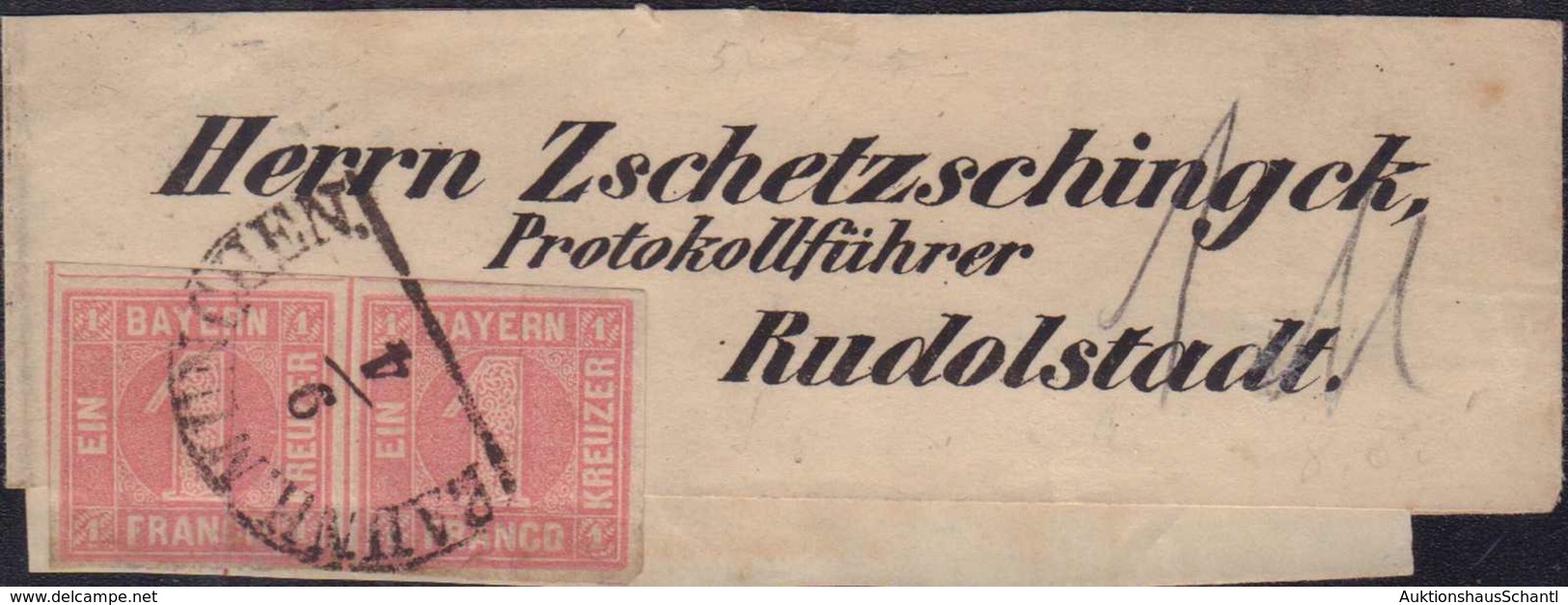 1861, 1 Kreuzer Im Paar Helllilarot Bis Hellkarminrot (rosa) Auf Vorgedrucktem Streifband Aus MÜNCHEN Via Saalfeld Und S - Otros & Sin Clasificación