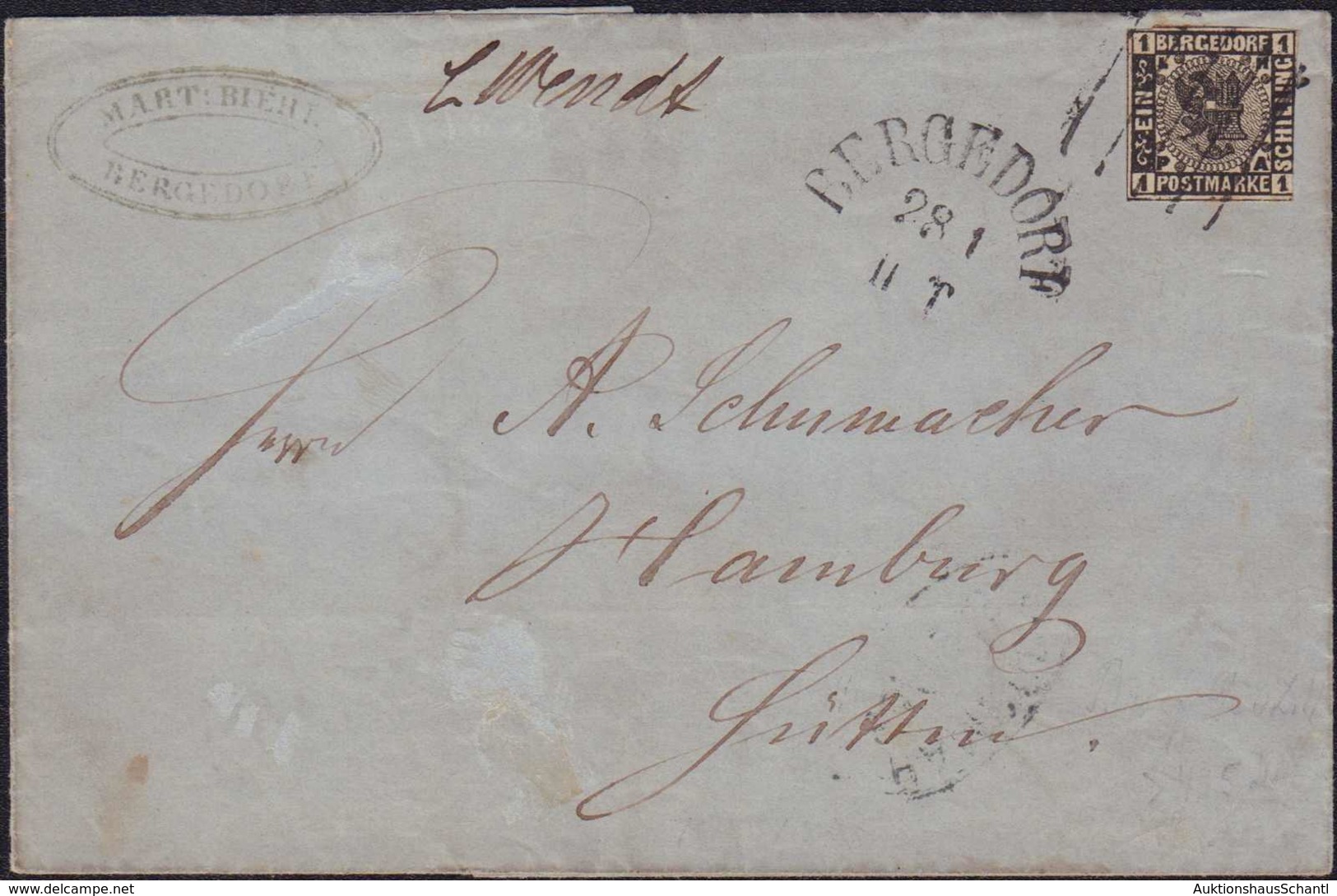 1865, Ein Schilling Auf Brief Von Bergedorf 28.1.67 Mit Schwarzem Textbogenstempel Und 5-Strich Stempel Nach Hamburg. Rü - Otros & Sin Clasificación