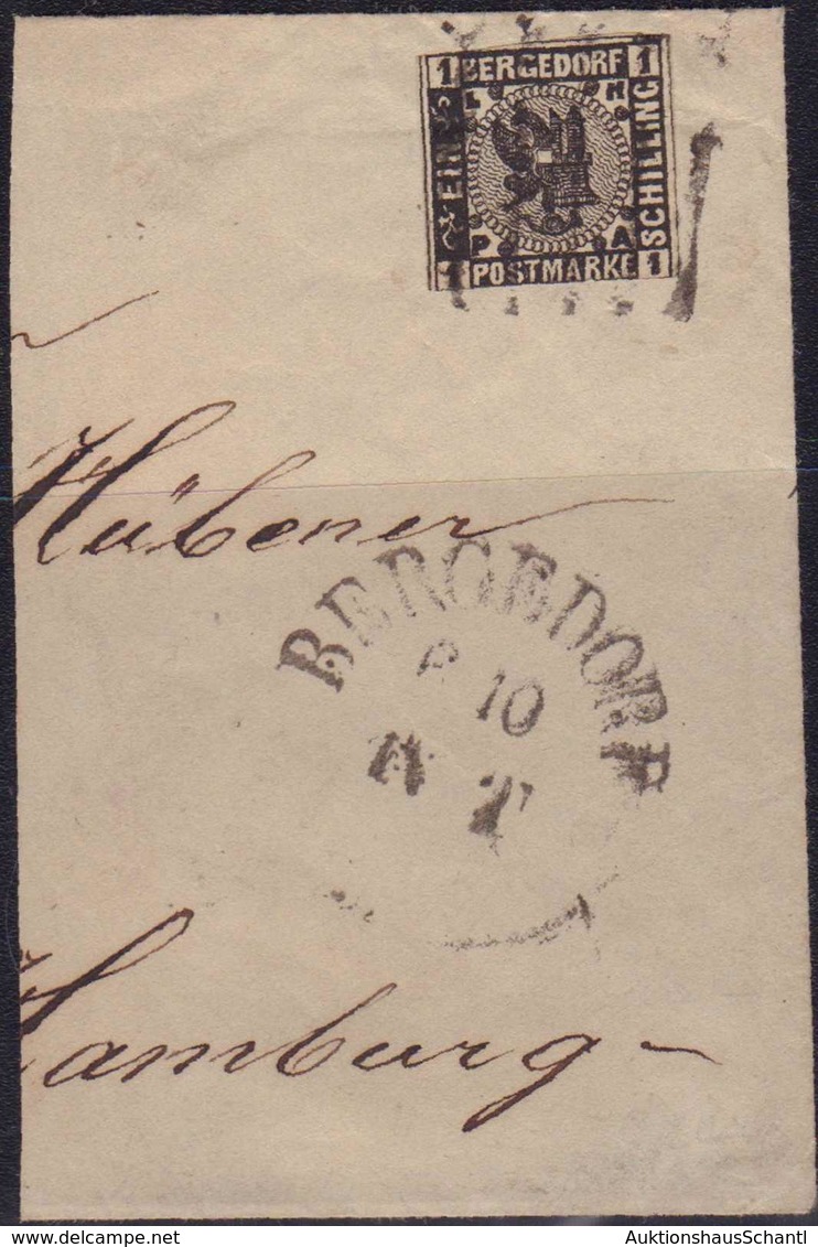 1863, Ein Schilling Auf Großem Briefstück Mit Schwarzem Textbogenstempel Und 5-Strich Stempel Auf Marke Nach Hamburg, Ma - Otros & Sin Clasificación