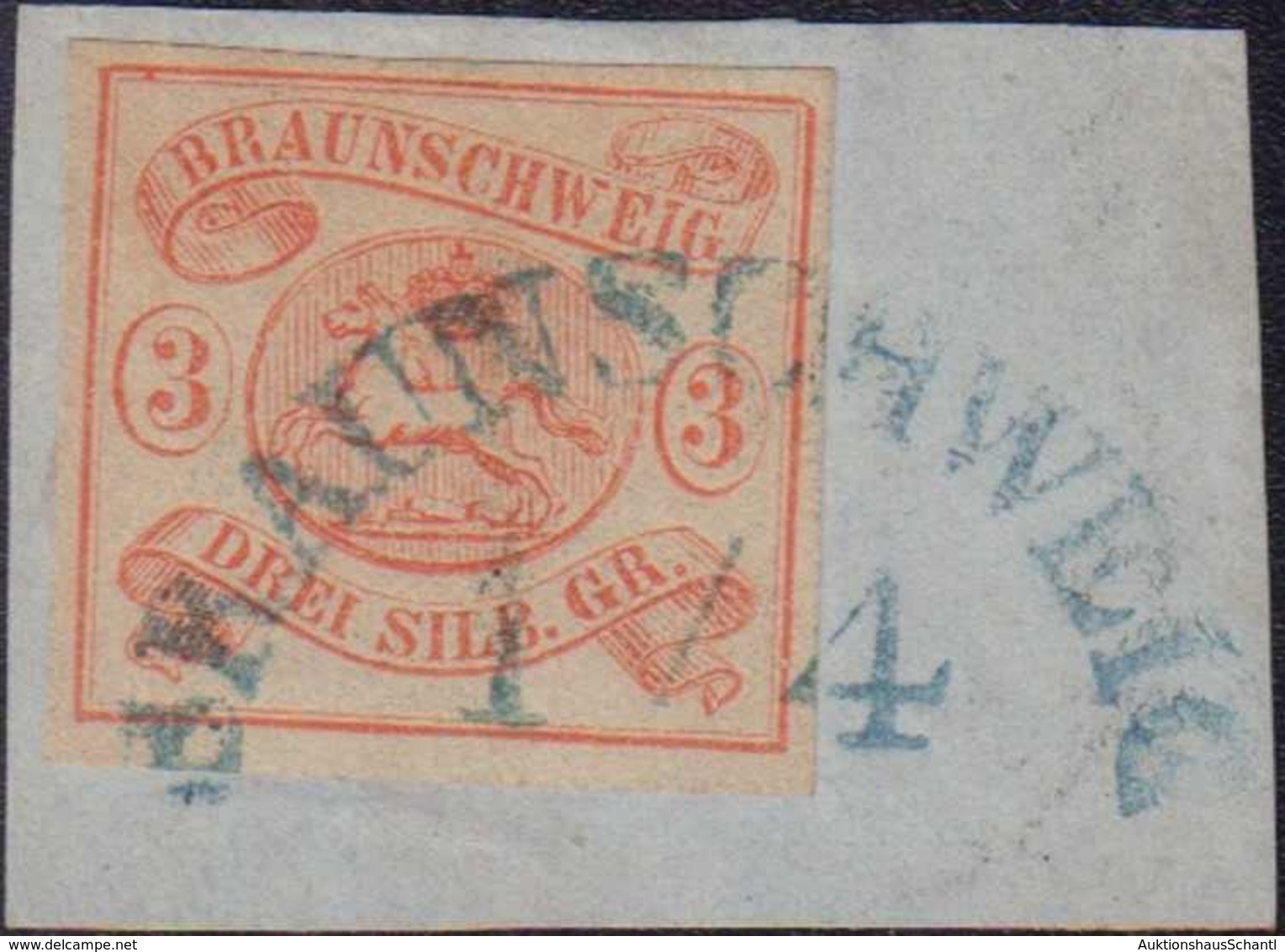 1852, 3 Silbergroschen Auf Briefstück, Blauer Halbkreisstempel Braunschweig 1/4, Dekorativ - Altri & Non Classificati
