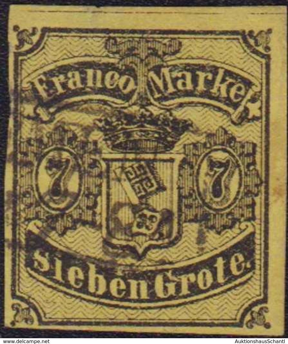 1856, 7 Grote, Schwarz Auf (mittel)rötlichgelb, Geschnitten, Mit Schwarzem Rahmenstempel (KS 112) (BR)EMEN (....) * 7-8A - Otros & Sin Clasificación