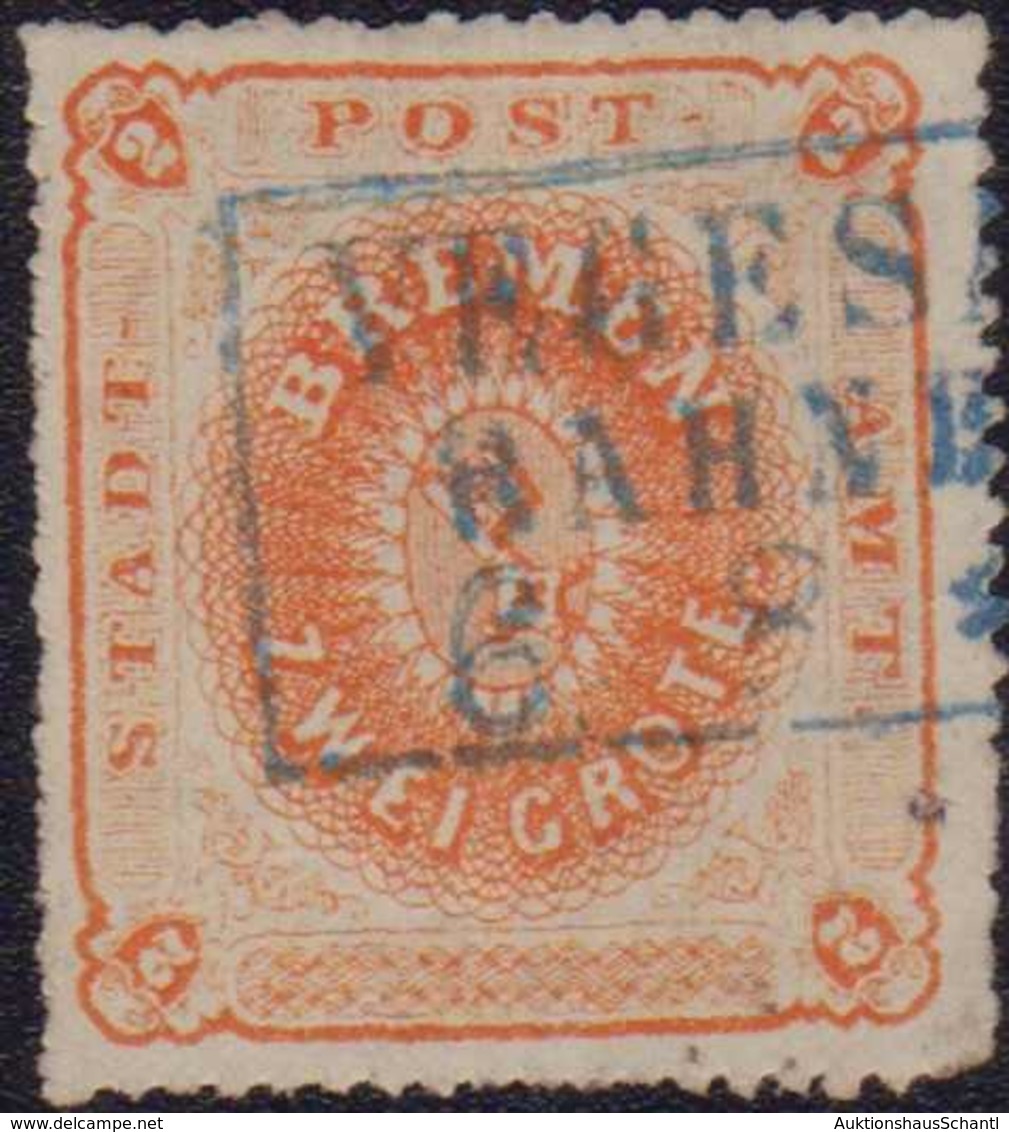 1863, 2 Grote, Orange, Durchstich D 2, Entwertet Mit Blauem Rahmenstempel VEGES(ACK) BAHNH(OF) 6 8 * (..). Die Farbfrisc - Otros & Sin Clasificación