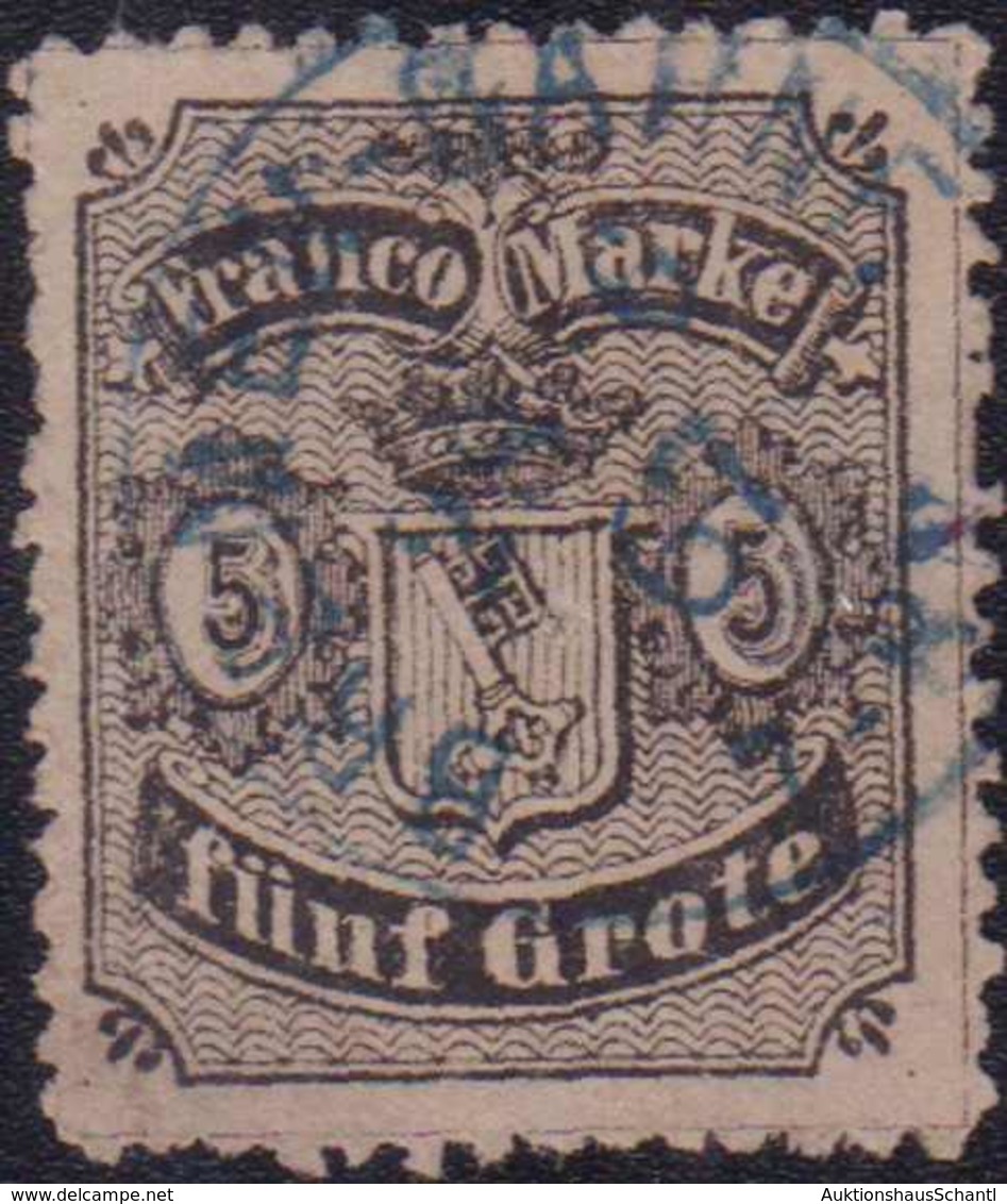 1867, 5 Grote, Schwarz Auf Mattgraubraun Bis Mattkarmingrau, Type I, Gezähnt, Mit Blauem Einkreisstempel (KS 208) BREMEN - Otros & Sin Clasificación