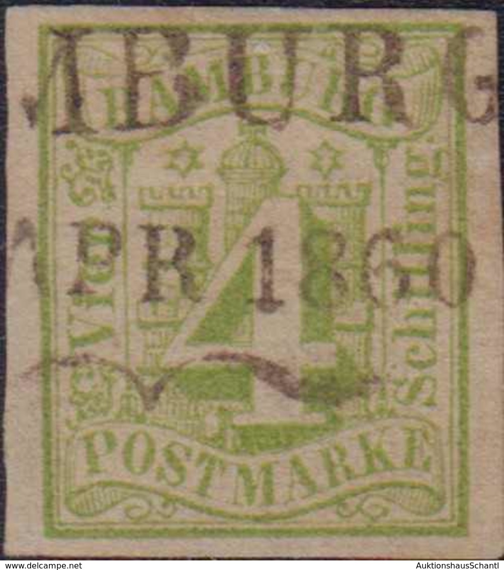 1859, 4 Schilling Gelbgrün In Gutem Schnitt, Schmetterlingsstempel Hamburg Mit Deutlichem Datum APR 1860, Prachtstück - Otros & Sin Clasificación