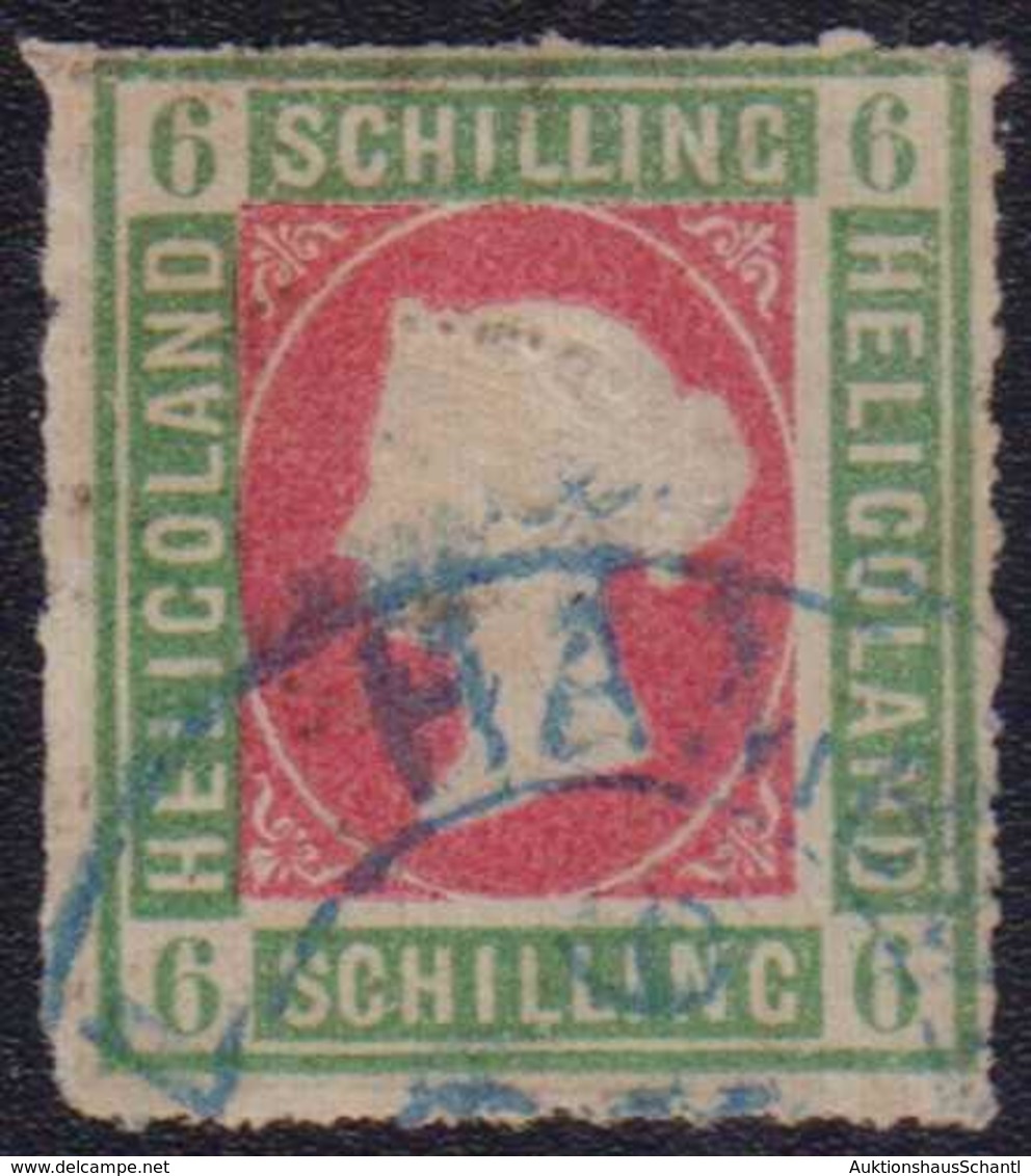 1867, 6 Schilling, (dunkel)graugrün/lilarosa, Durchstochen, Mit Blauem Zweikreisstempel HAMBU(RG) ST.P.) 9 (....)". Ecke - Other & Unclassified